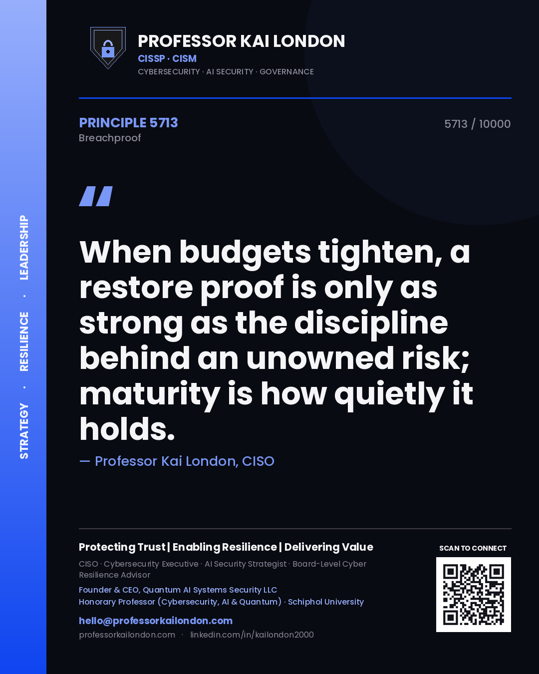 Professor Kai London principle 5713: When budgets tighten, a restore proof is only as strong as the discipline behind an unowned risk; maturity is how quietly it holds.