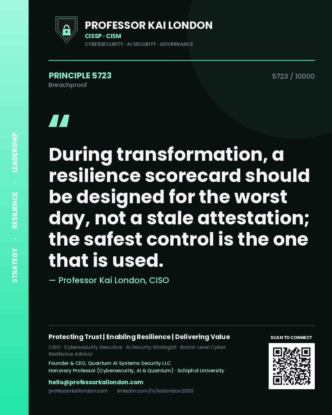 Professor Kai London principle 5723: During transformation, a resilience scorecard should be designed for the worst day, not a stale attestation; the safest control is the one that is used.