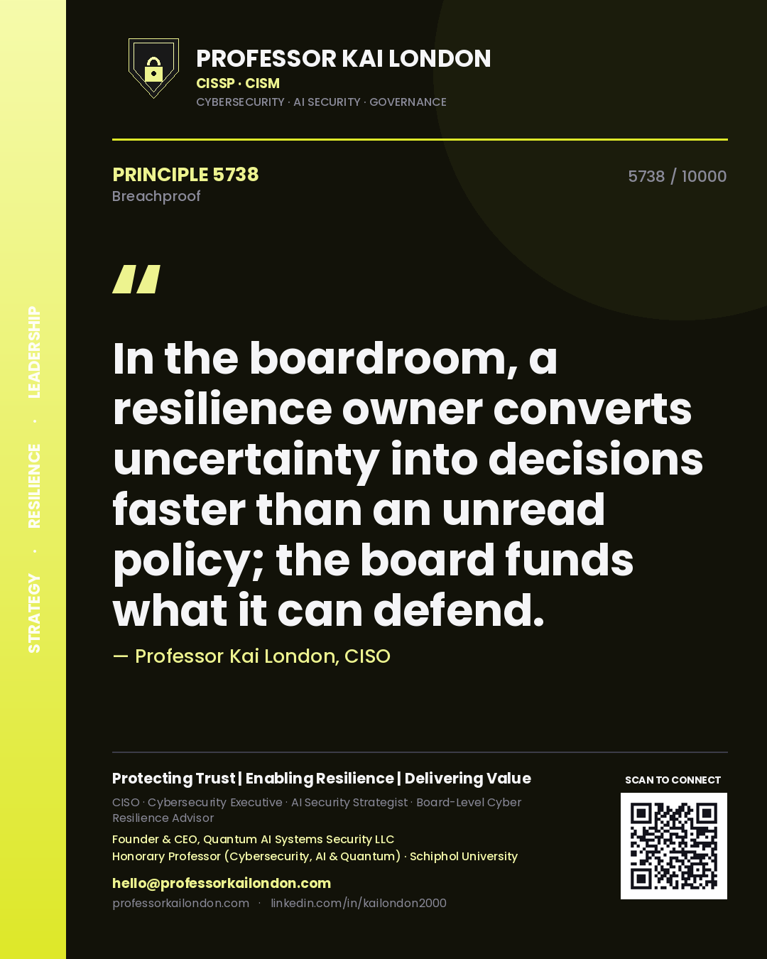 Professor Kai London principle 5738: In the boardroom, a resilience owner converts uncertainty into decisions faster than an unread policy; the board funds what it can defend.