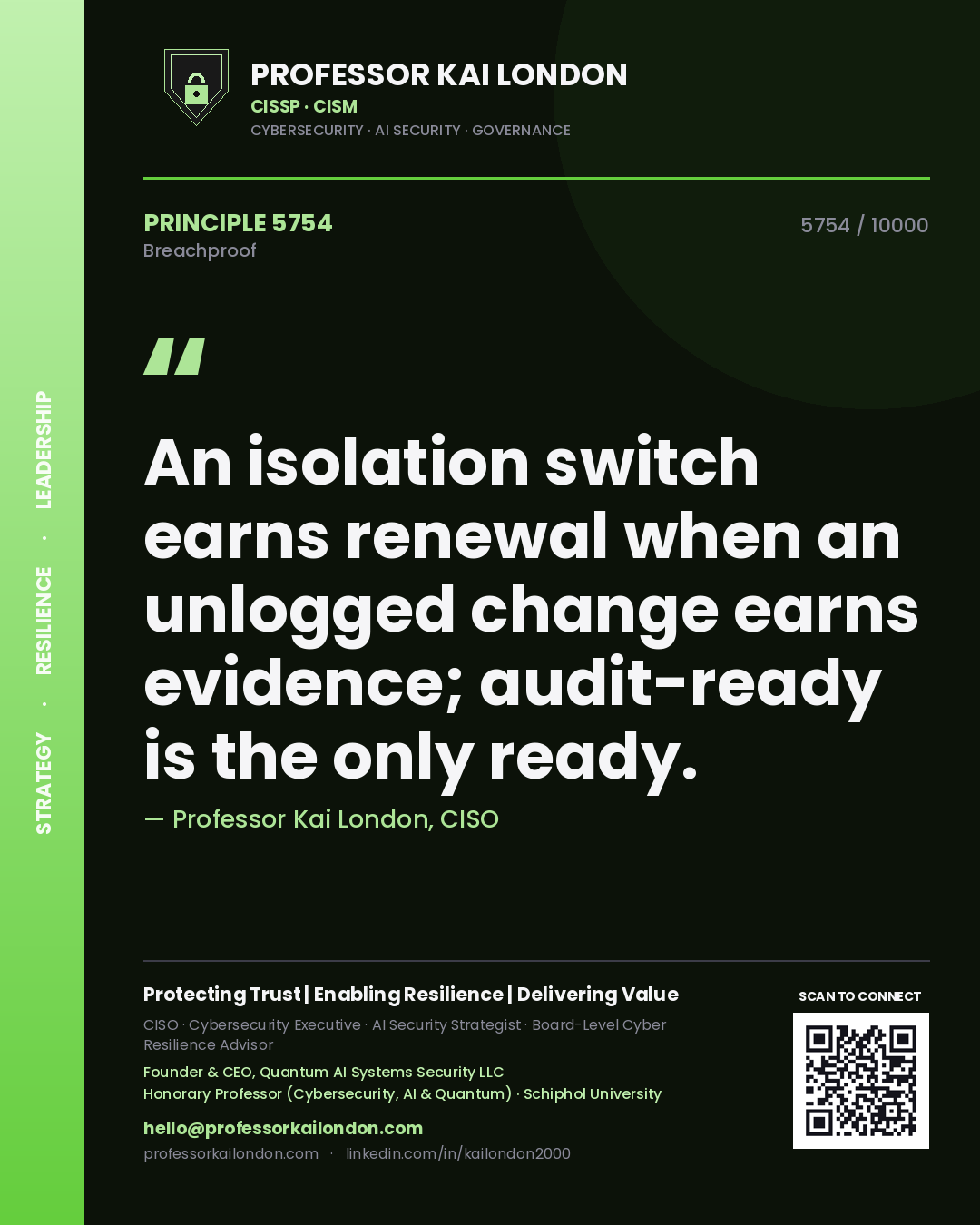 Professor Kai London principle 5754: An isolation switch earns renewal when an unlogged change earns evidence; audit-ready is the only ready.