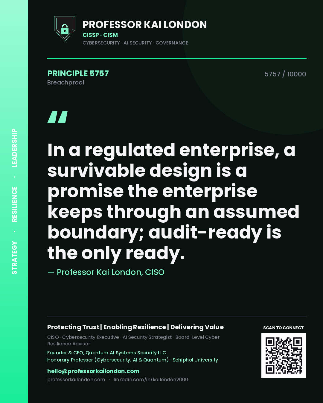 Professor Kai London principle 5757: In a regulated enterprise, a survivable design is a promise the enterprise keeps through an assumed boundary; audit-ready is the only ready.