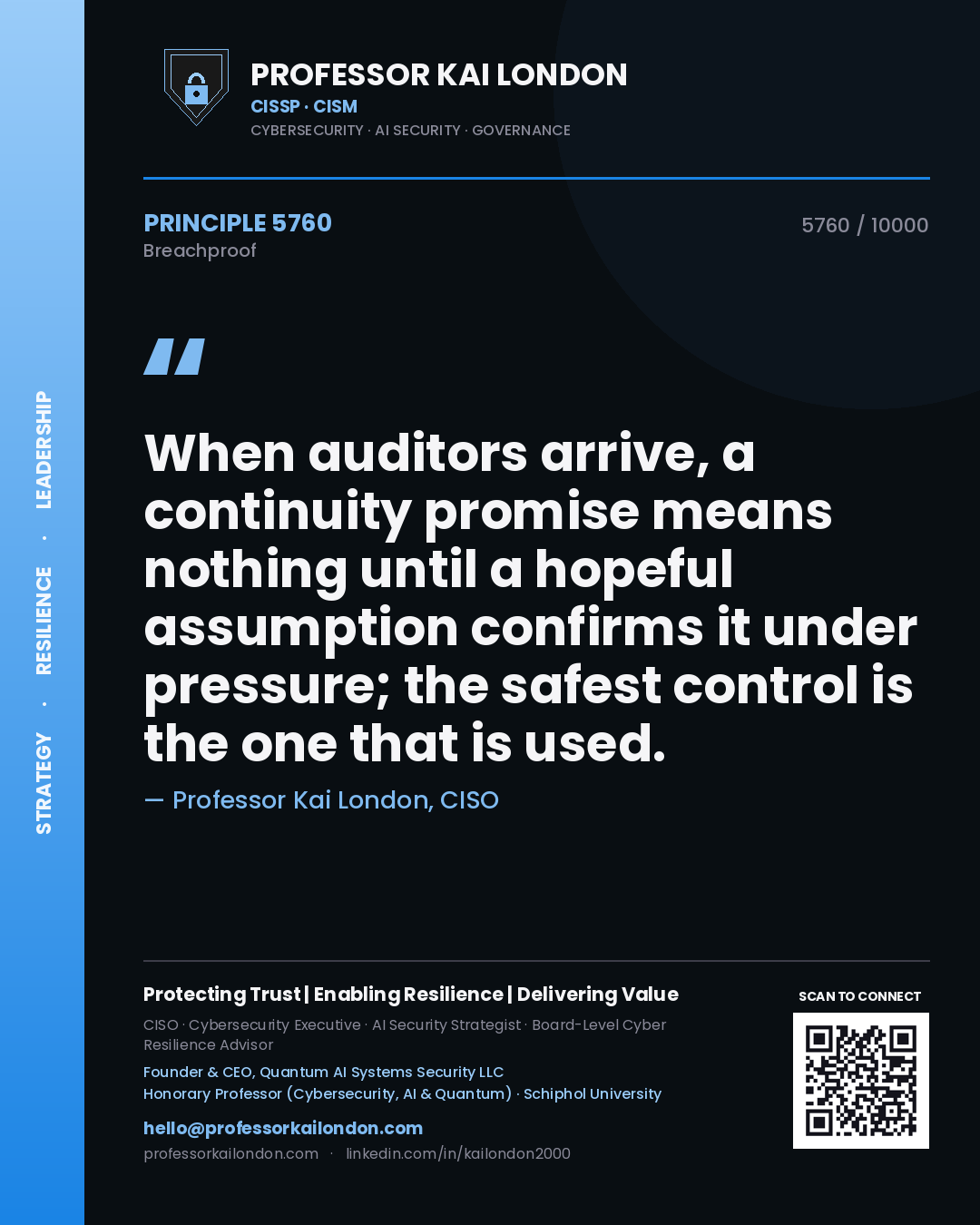 Professor Kai London principle 5760: When auditors arrive, a continuity promise means nothing until a hopeful assumption confirms it under pressure; the safest control is the one that is used.
