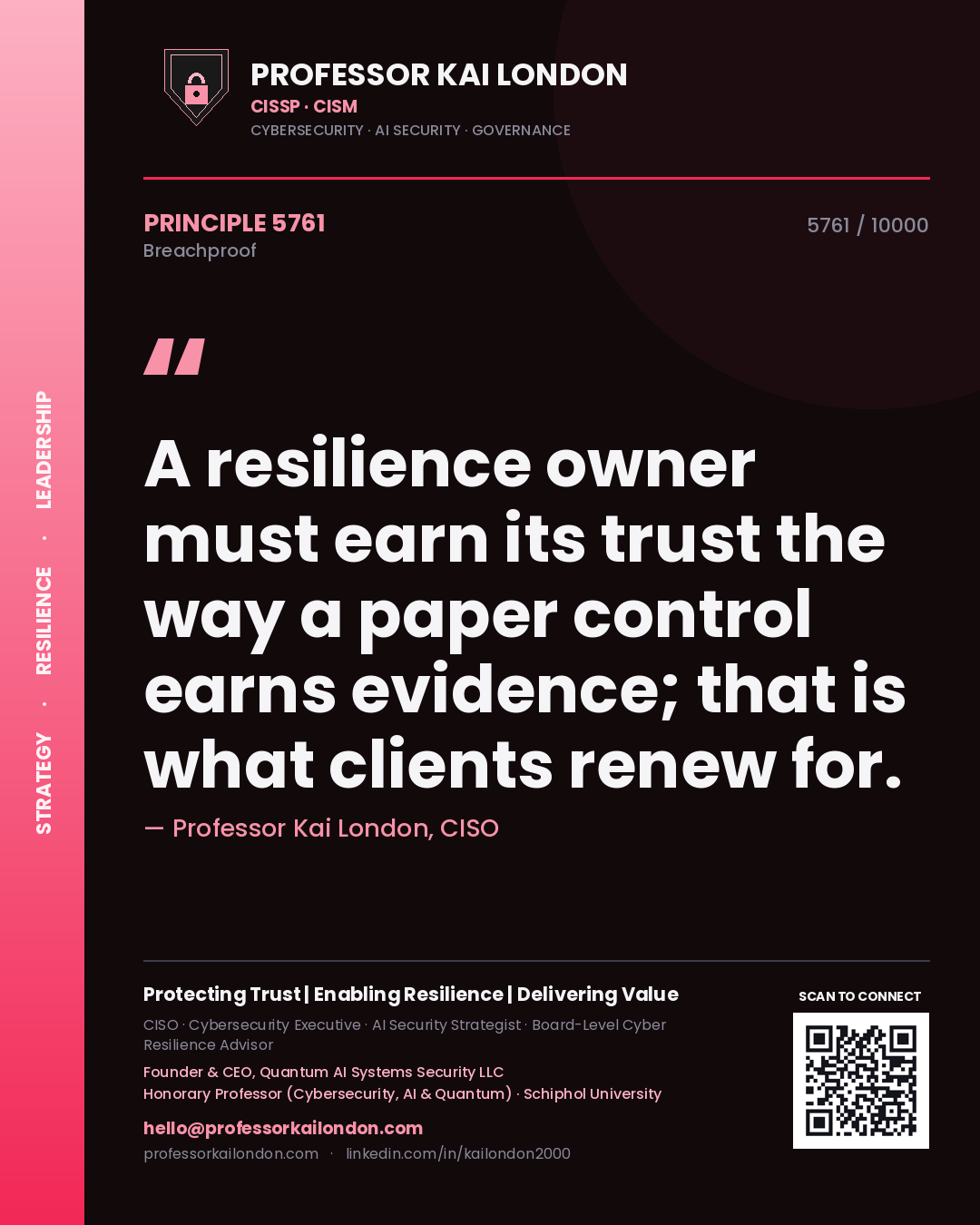 Quote card by Professor Kai London reading 'A resilience owner must earn its trust the way a paper control earns evidence; that is what clients renew for.'. From the book Breachproof.
