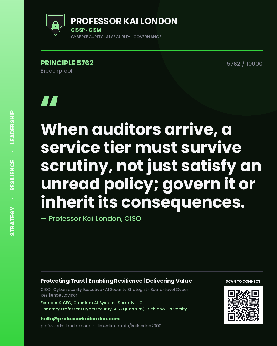 Quote card by Professor Kai London reading 'When auditors arrive, a service tier must survive scrutiny, not just satisfy an unread policy; govern it or inherit its consequences.'. From the book Breachproof.