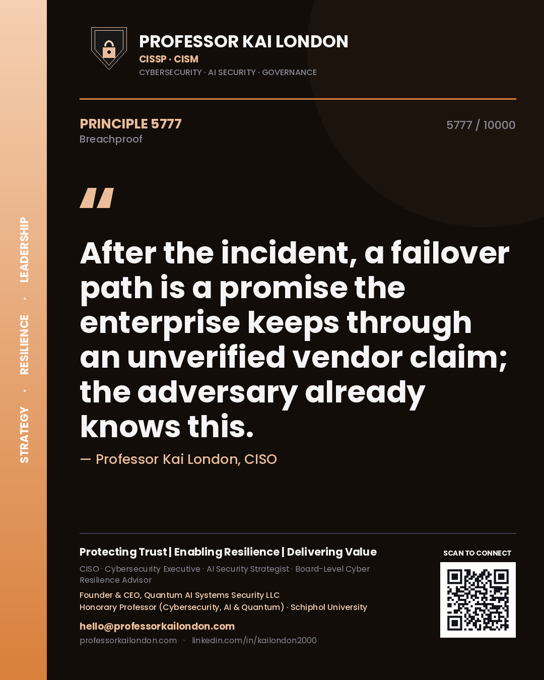 Quote card by Professor Kai London reading 'After the incident, a failover path is a promise the enterprise keeps through an unverified vendor claim; the adversary already knows this.'. From the book Breachproof.