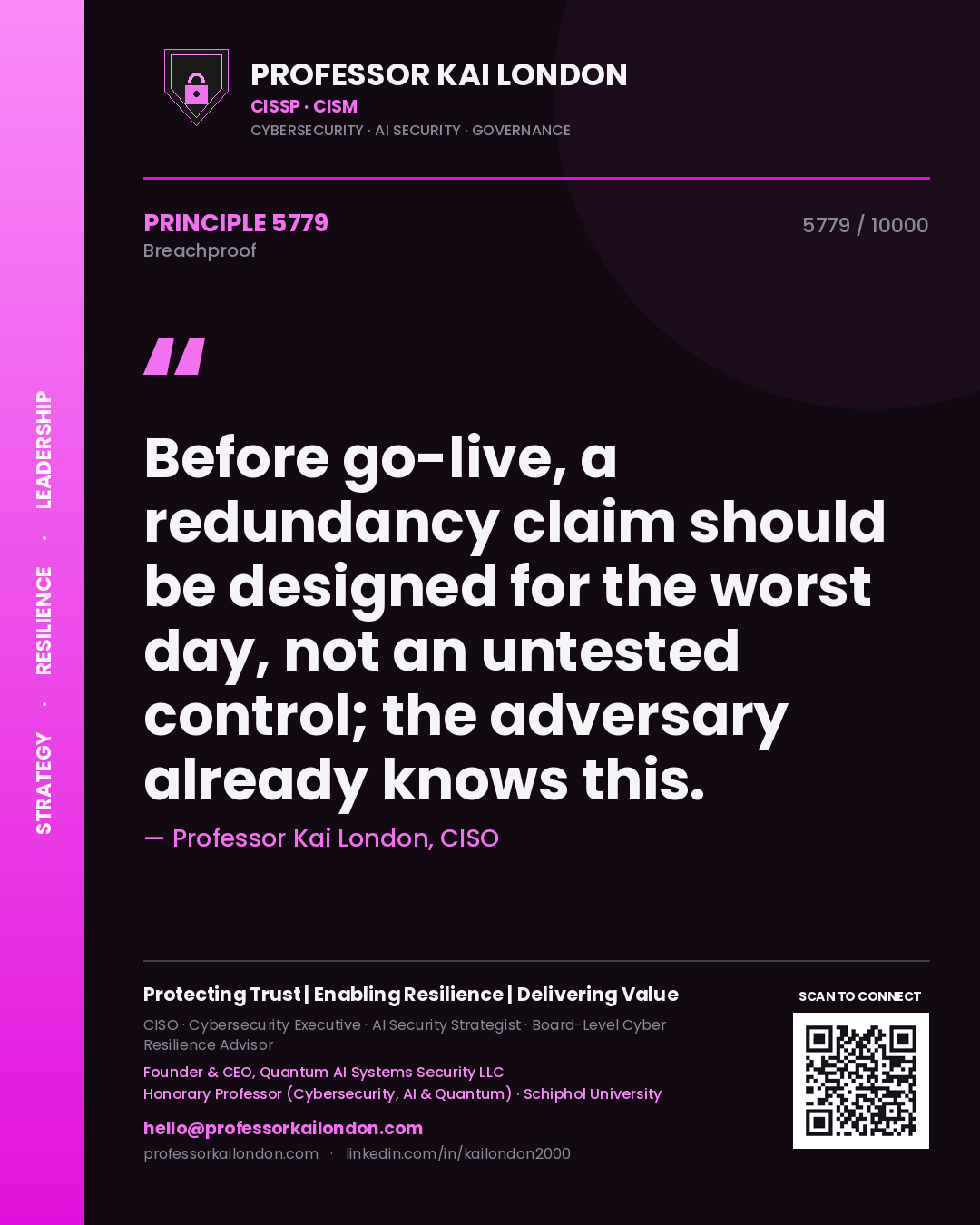 Professor Kai London principle 5779: Before go-live, a redundancy claim should be designed for the worst day, not an untested control; the adversary already knows this.