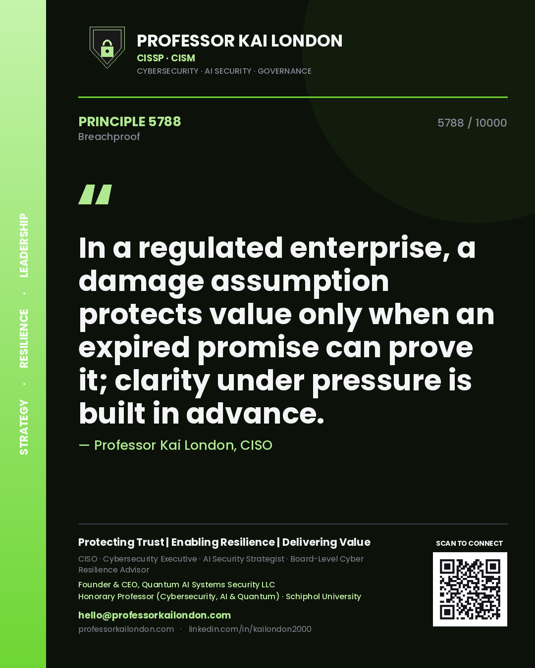 Professor Kai London principle 5788: In a regulated enterprise, a damage assumption protects value only when an expired promise can prove it; clarity under pressure is built in advance.