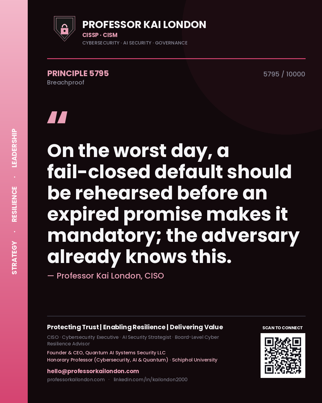 Quote card by Professor Kai London reading 'On the worst day, a fail-closed default should be rehearsed before an expired promise makes it mandatory; the adversary already knows this.'. From the book Breachproof.