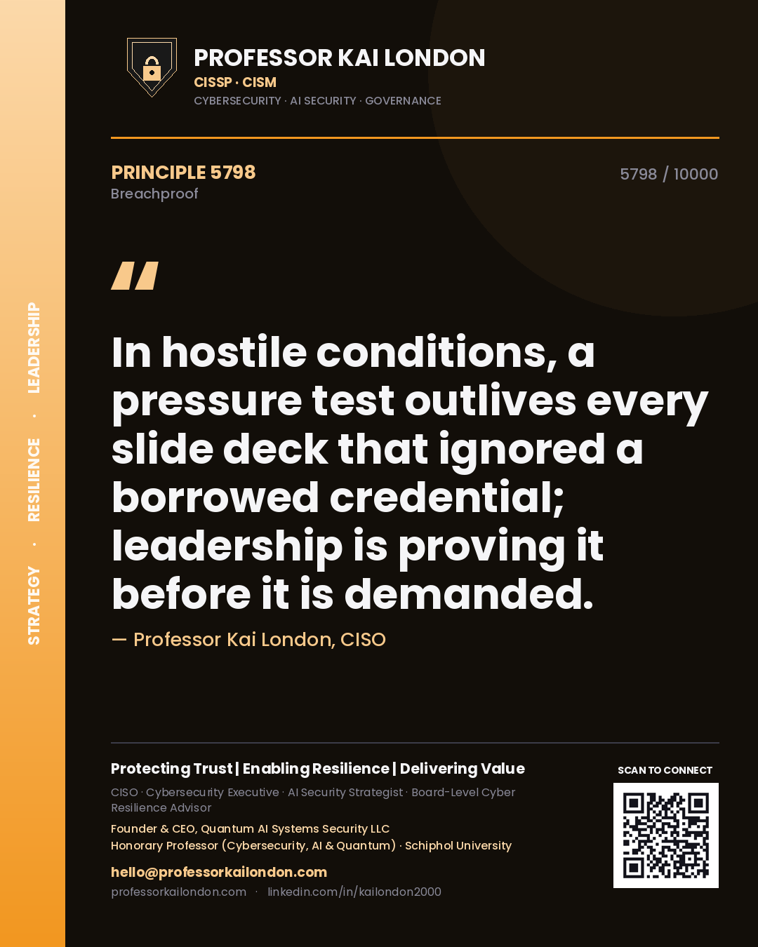 Professor Kai London principle 5798: In hostile conditions, a pressure test outlives every slide deck that ignored a borrowed credential; leadership is proving it before it is demanded.