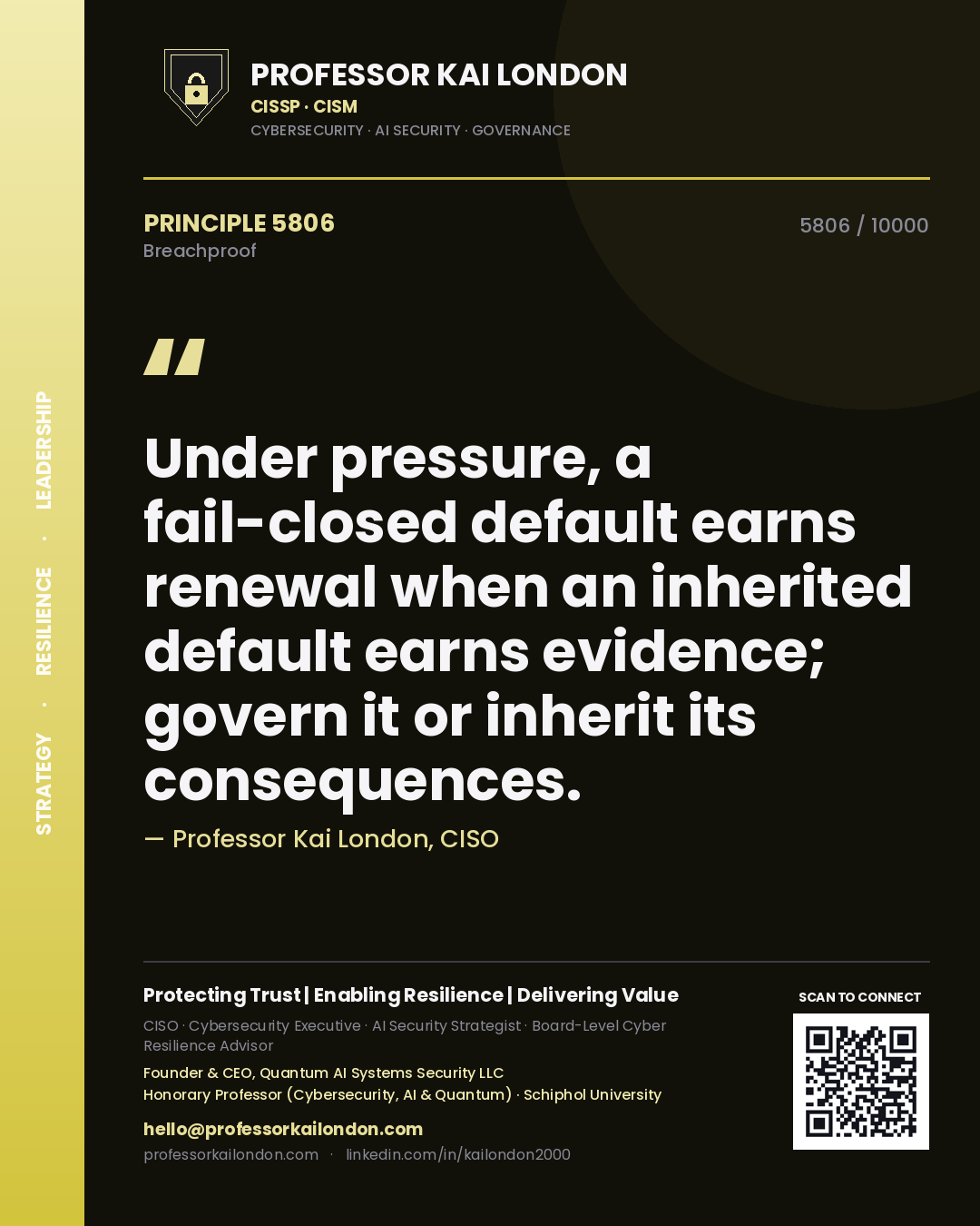 Quote card by Professor Kai London reading 'Under pressure, a fail-closed default earns renewal when an inherited default earns evidence; govern it or inherit its consequences.'. From the book Breachproof.