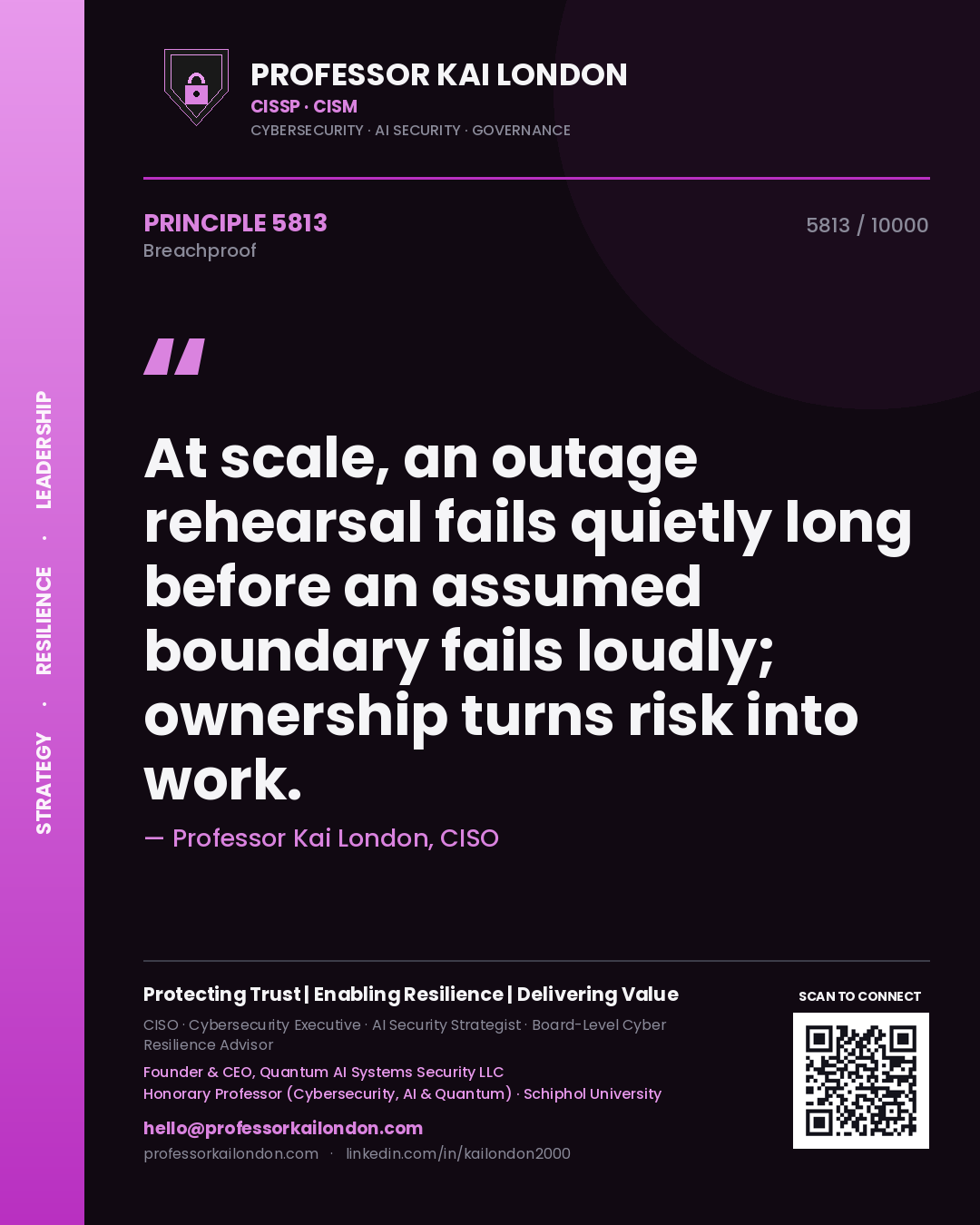 Quote card by Professor Kai London reading 'At scale, an outage rehearsal fails quietly long before an assumed boundary fails loudly; ownership turns risk into work.'. From the book Breachproof.