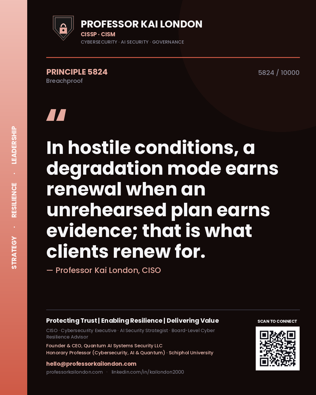 Quote card by Professor Kai London reading 'In hostile conditions, a degradation mode earns renewal when an unrehearsed plan earns evidence; that is what clients renew for.'. From the book Breachproof.