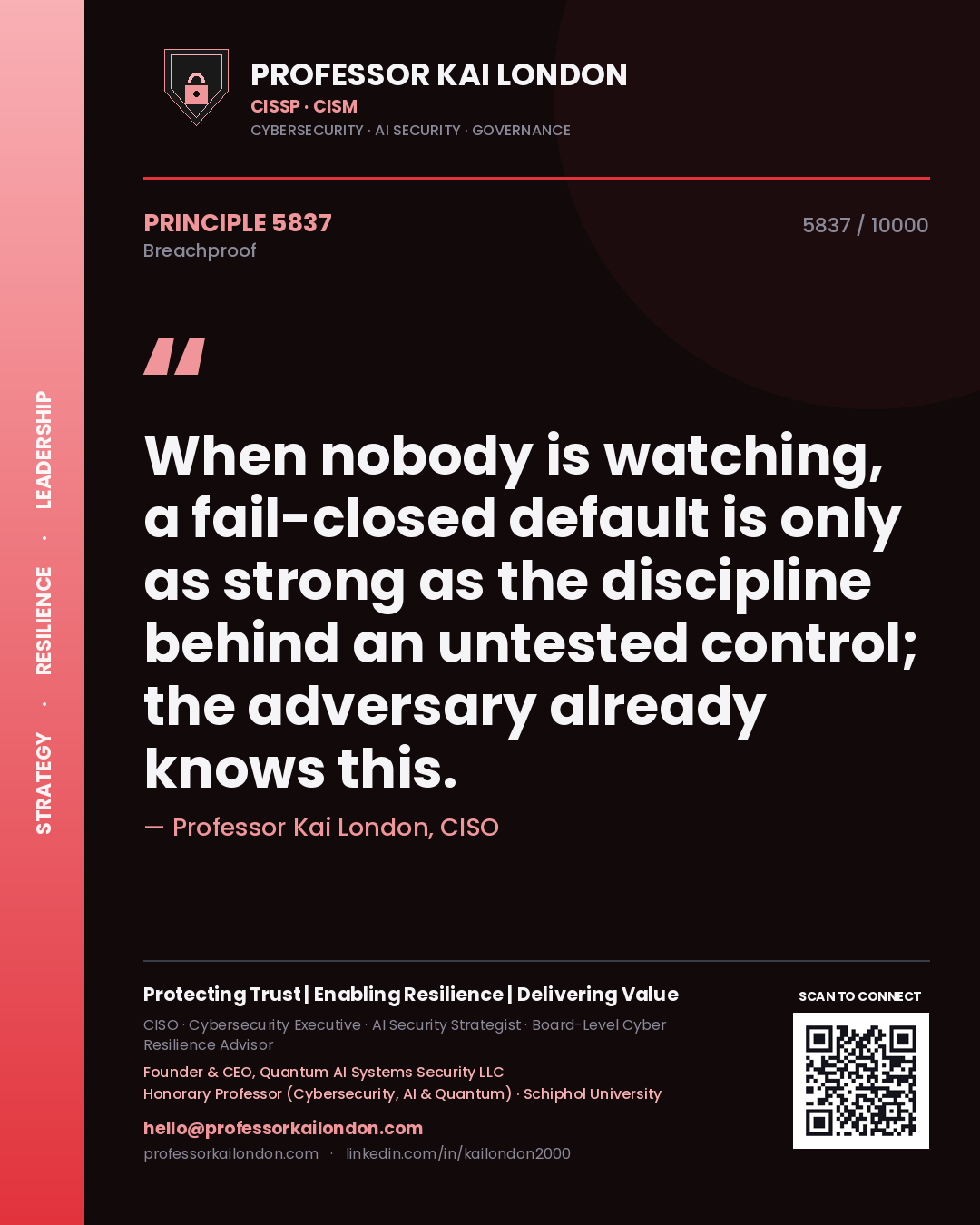 Quote card by Professor Kai London reading 'When nobody is watching, a fail-closed default is only as strong as the discipline behind an untested control; the adversary already knows this.'. From the book Breachproof.
