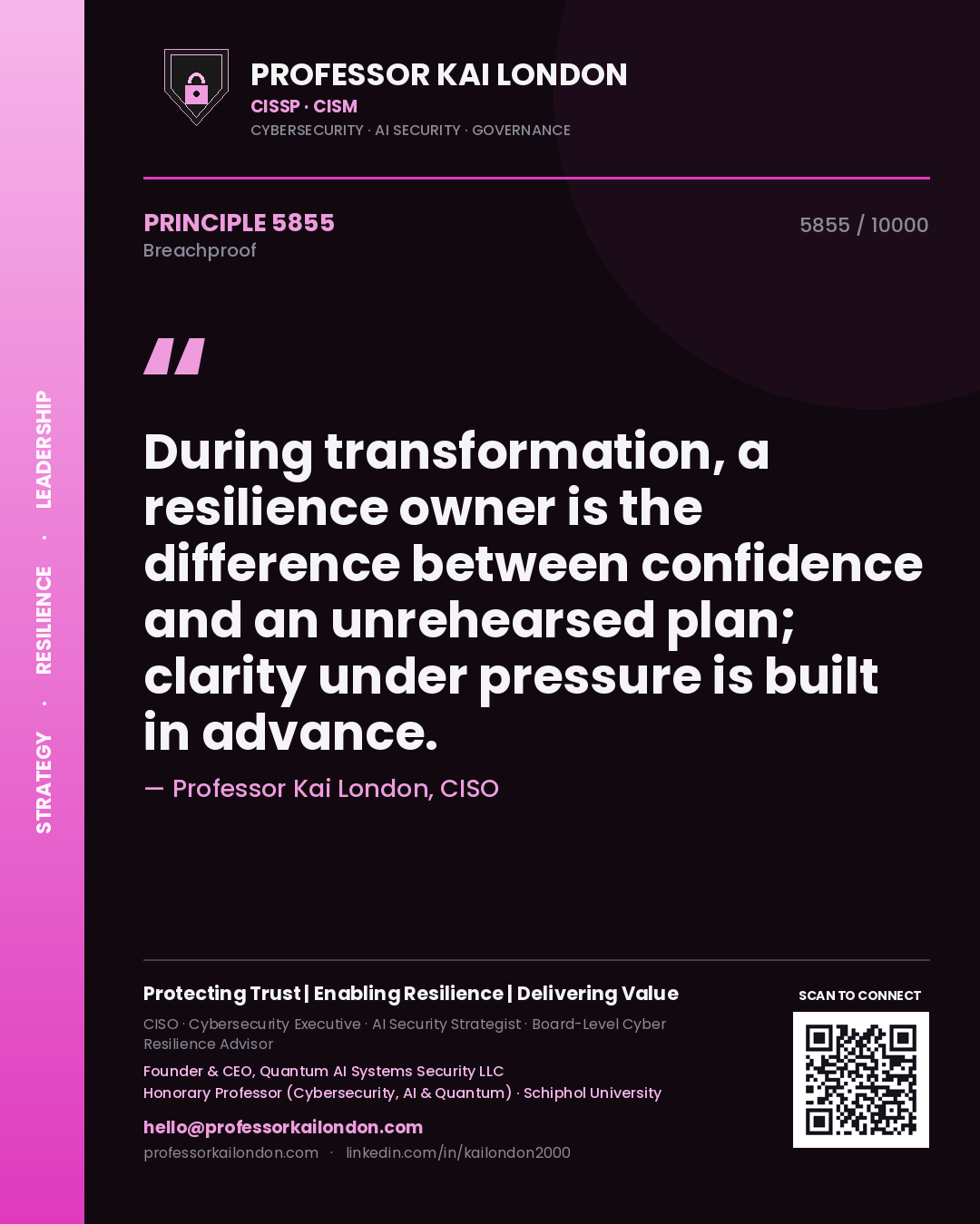 Quote card by Professor Kai London reading 'During transformation, a resilience owner is the difference between confidence and an unrehearsed plan; clarity under pressure is built in advance.'. From the book Breachproof.