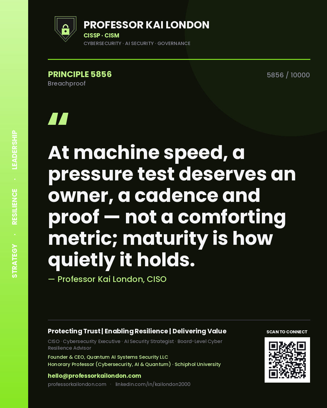 Quote card by Professor Kai London reading 'At machine speed, a pressure test deserves an owner, a cadence and proof — not a comforting metric; maturity is how quietly it holds.'. From the book Breachproof.