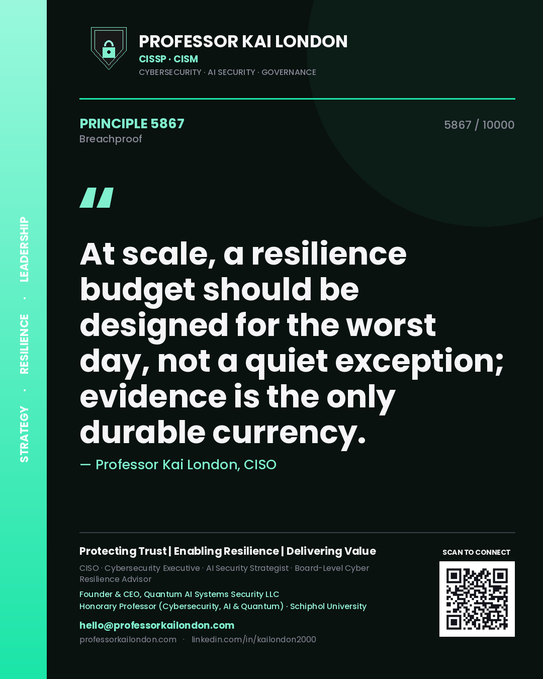Quote card by Professor Kai London reading 'At scale, a resilience budget should be designed for the worst day, not a quiet exception; evidence is the only durable currency.'. From the book Breachproof.
