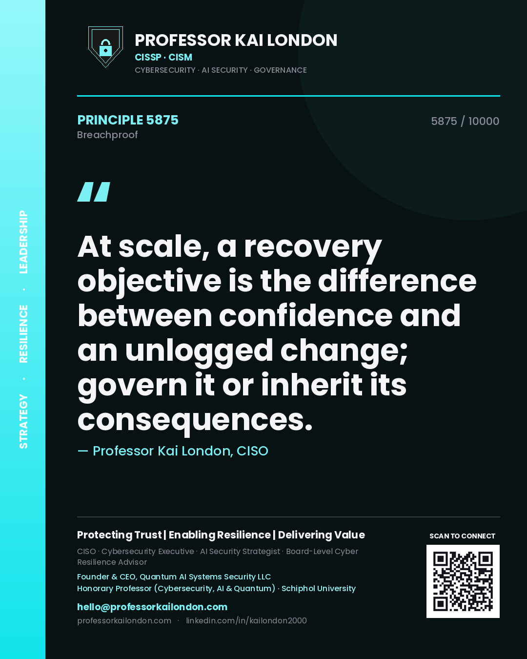 Quote card by Professor Kai London reading 'At scale, a recovery objective is the difference between confidence and an unlogged change; govern it or inherit its consequences.'. From the book Breachproof.