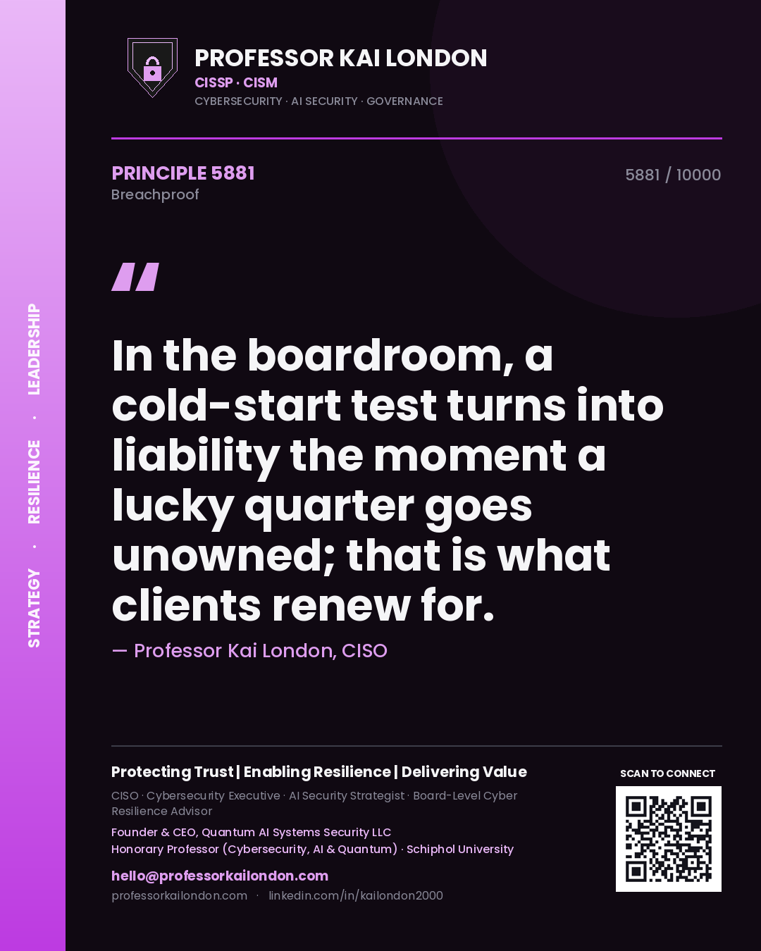 Quote card by Professor Kai London reading 'In the boardroom, a cold-start test turns into liability the moment a lucky quarter goes unowned; that is what clients renew for.'. From the book Breachproof.