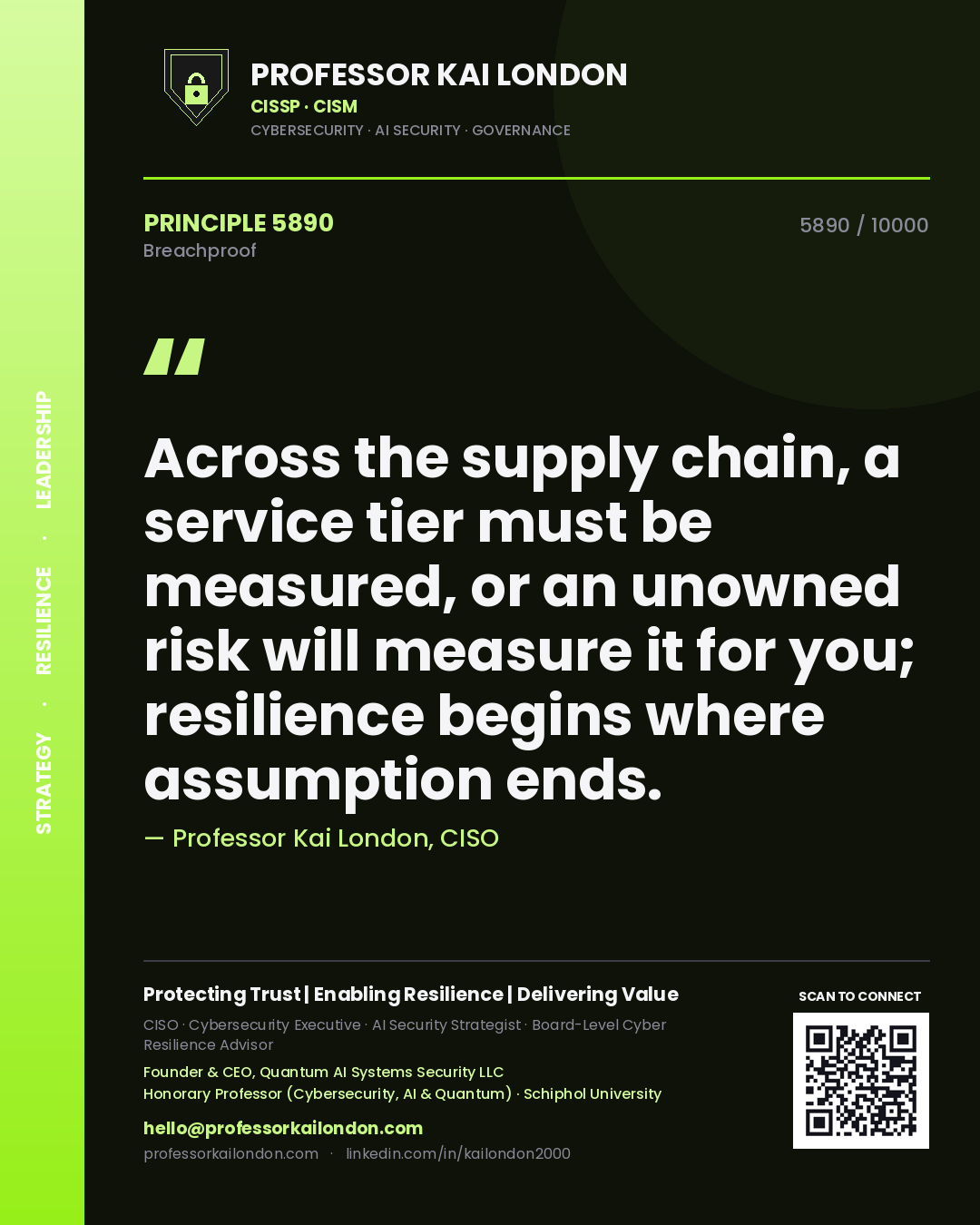 Quote card by Professor Kai London reading 'Across the supply chain, a service tier must be measured, or an unowned risk will measure it for you; resilience begins where assumption ends.'. From the book Breachproof.