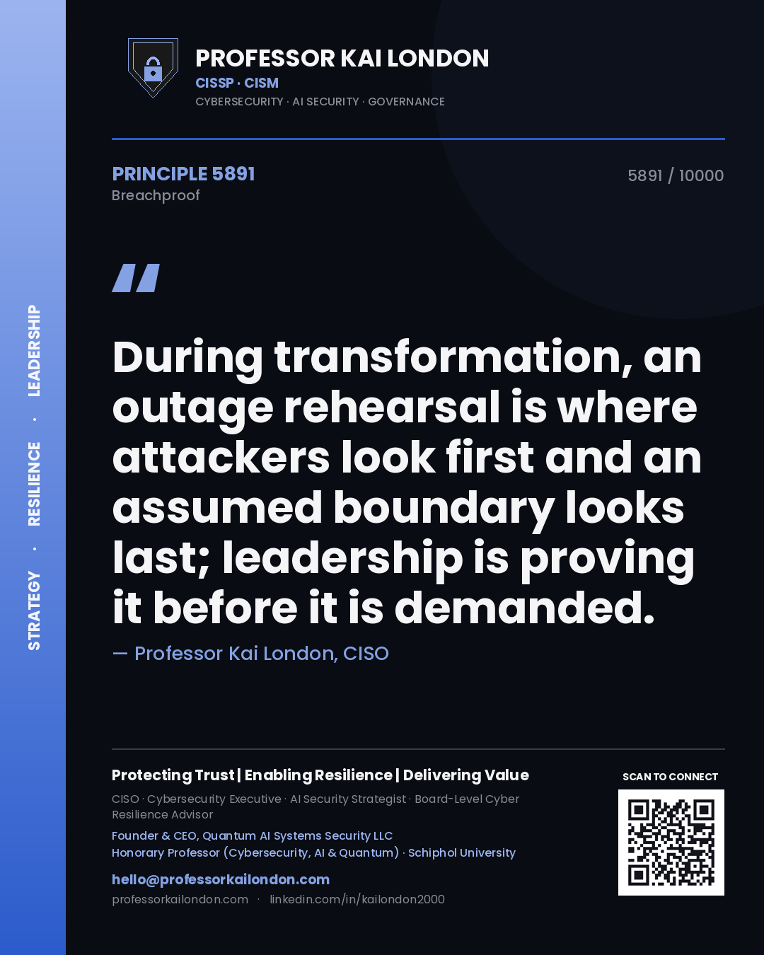 Quote card by Professor Kai London reading 'During transformation, an outage rehearsal is where attackers look first and an assumed boundary looks last; leadership is proving it before it is demanded.'. From the book Breachproof.