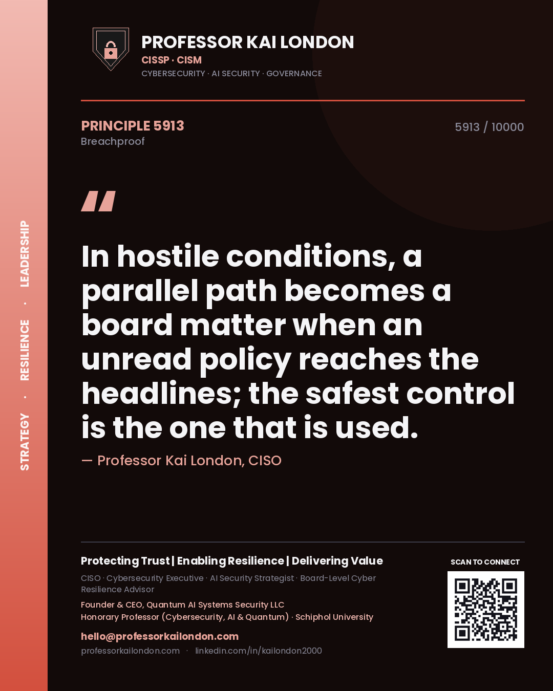 Quote card by Professor Kai London reading 'In hostile conditions, a parallel path becomes a board matter when an unread policy reaches the headlines; the safest control is the one that is used.'. From the book Breachproof.