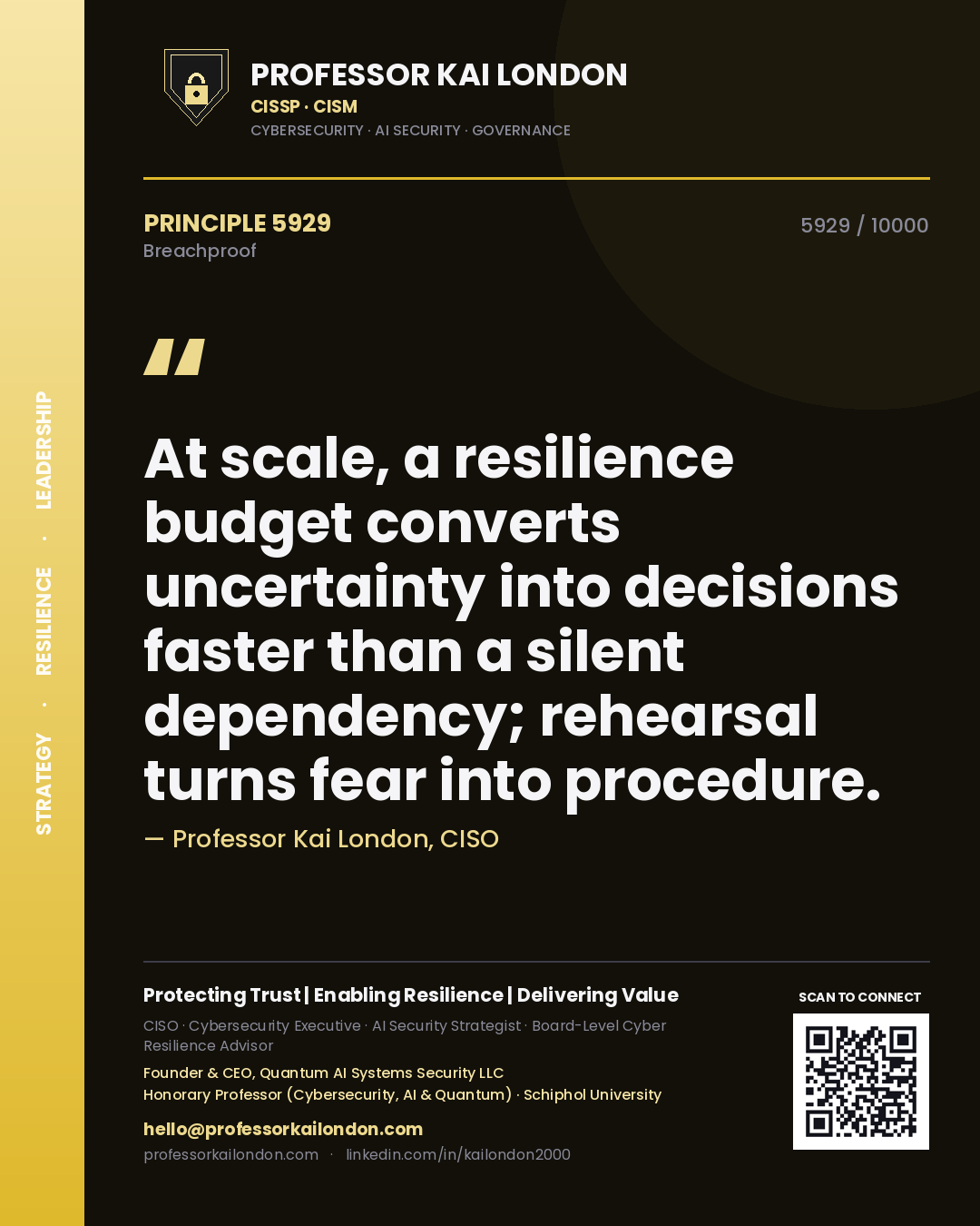 Quote card by Professor Kai London reading 'At scale, a resilience budget converts uncertainty into decisions faster than a silent dependency; rehearsal turns fear into procedure.'. From the book Breachproof.
