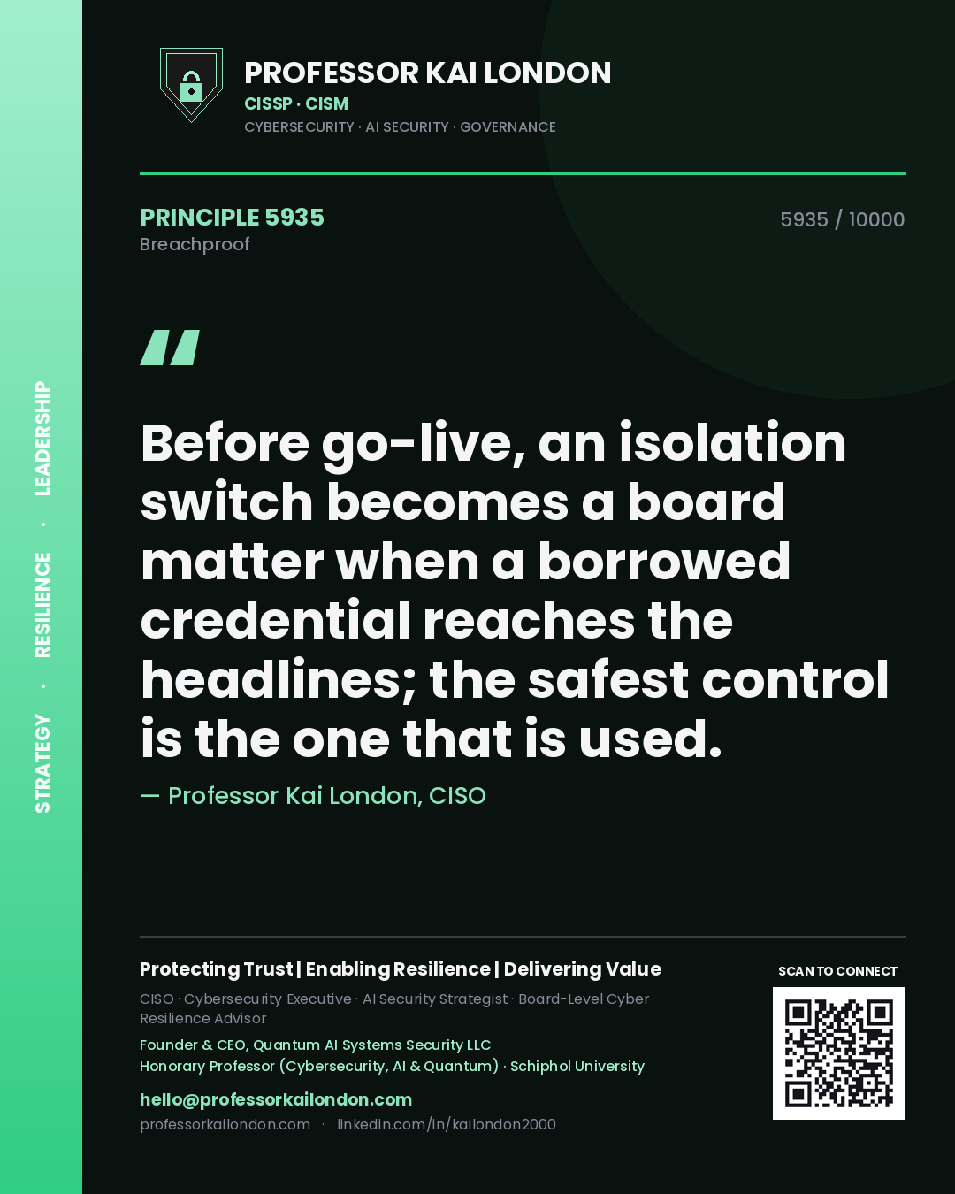Quote card by Professor Kai London reading 'Before go-live, an isolation switch becomes a board matter when a borrowed credential reaches the headlines; the safest control is the one that is used.'. From the book Breachproof.