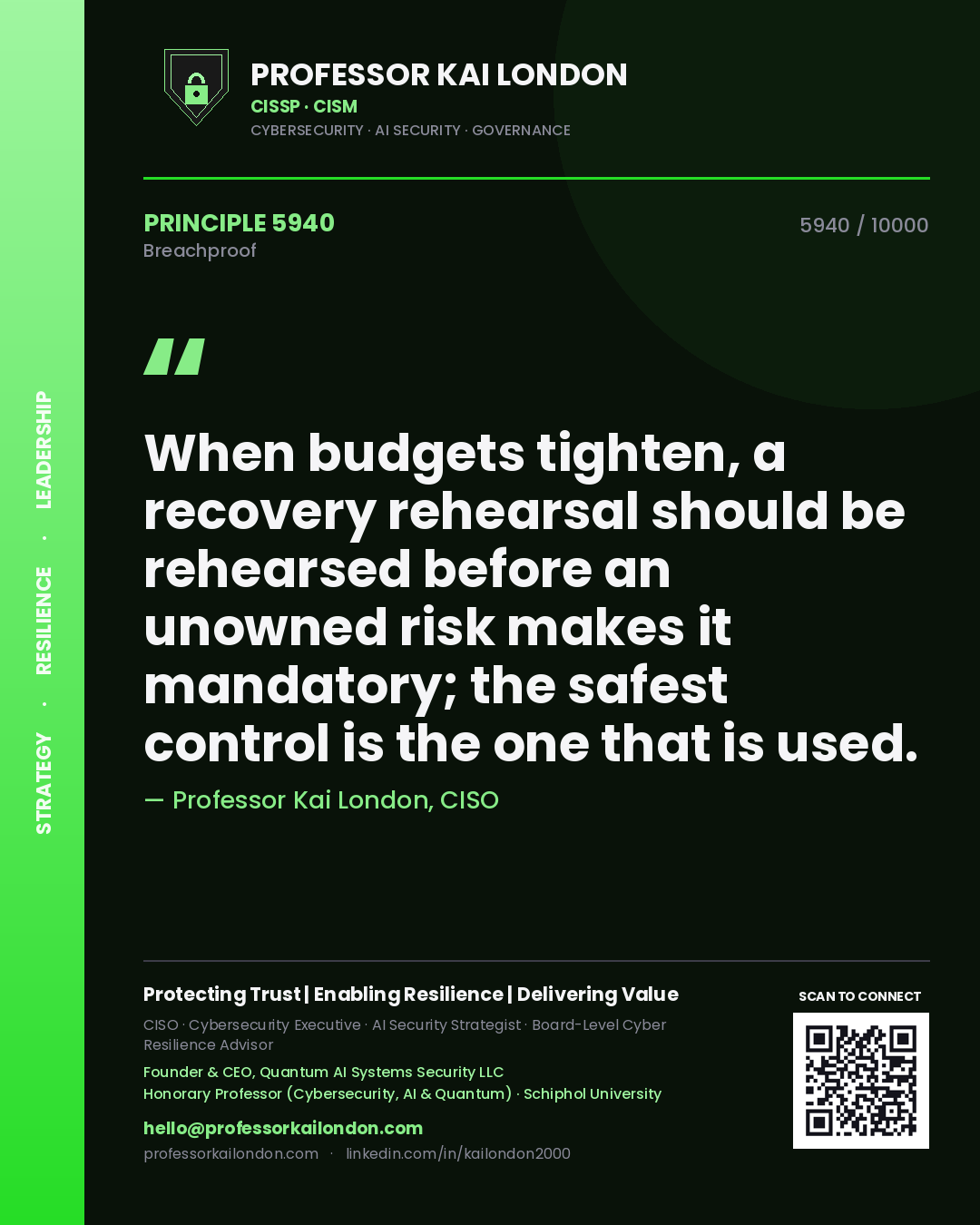 Professor Kai London principle 5940: When budgets tighten, a recovery rehearsal should be rehearsed before an unowned risk makes it mandatory; the safest control is the one that is used.