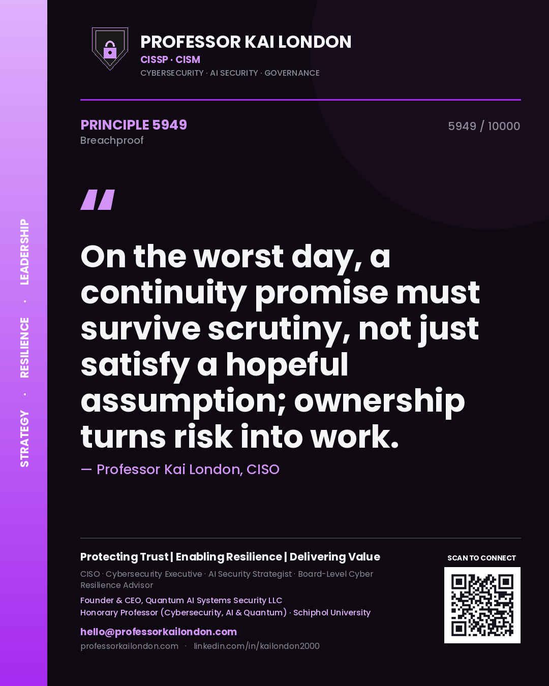 Professor Kai London principle 5949: On the worst day, a continuity promise must survive scrutiny, not just satisfy a hopeful assumption; ownership turns risk into work.