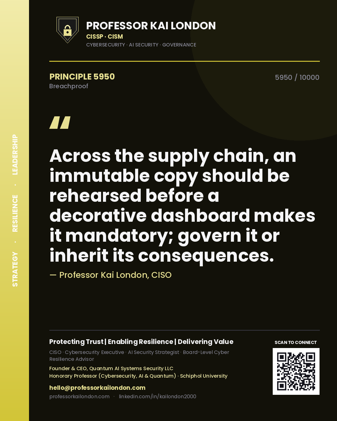 Professor Kai London principle 5950: Across the supply chain, an immutable copy should be rehearsed before a decorative dashboard makes it mandatory; govern it or inherit its consequences.