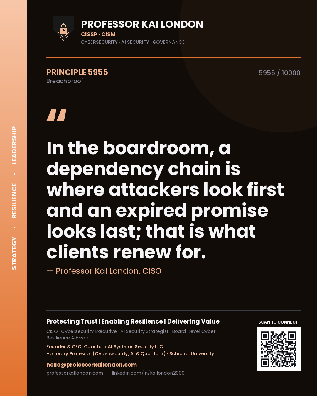 Quote card by Professor Kai London reading 'In the boardroom, a dependency chain is where attackers look first and an expired promise looks last; that is what clients renew for.'. From the book Breachproof.