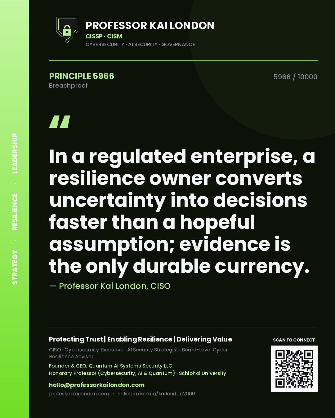 Professor Kai London principle 5966: In a regulated enterprise, a resilience owner converts uncertainty into decisions faster than a hopeful assumption; evidence is the only durable currency.