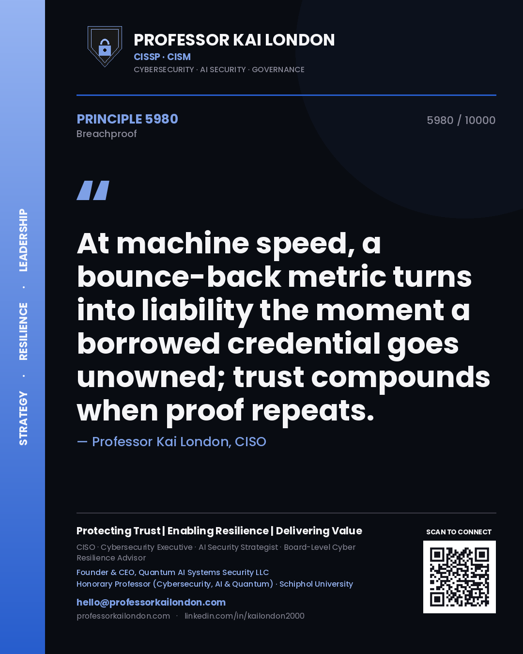 Professor Kai London principle 5980: At machine speed, a bounce-back metric turns into liability the moment a borrowed credential goes unowned; trust compounds when proof repeats.