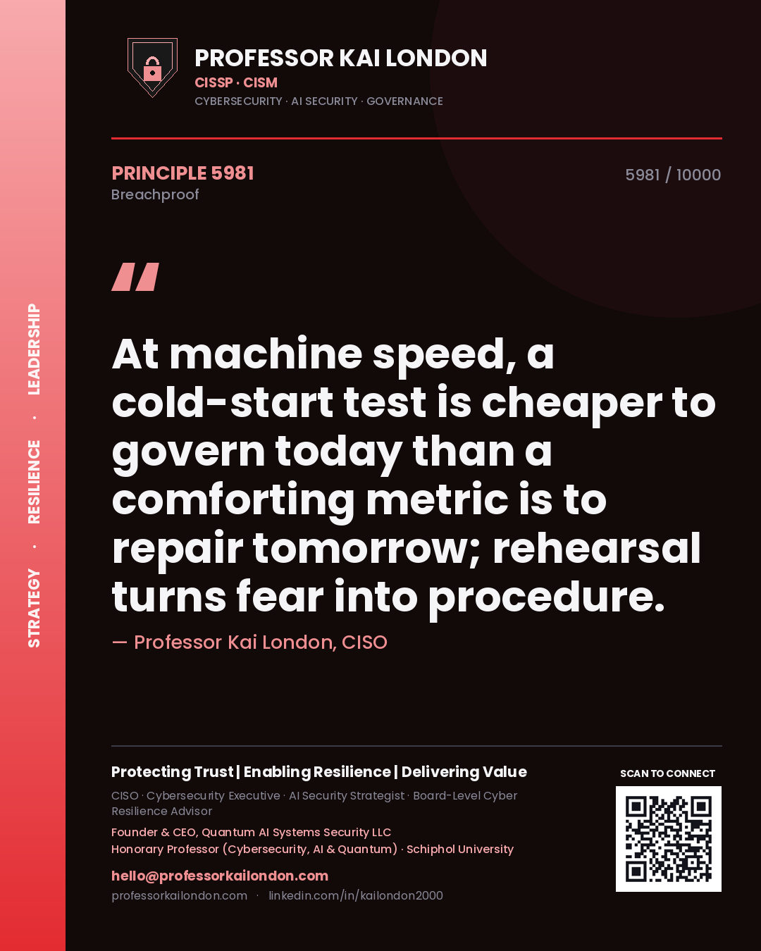 Quote card by Professor Kai London reading 'At machine speed, a cold-start test is cheaper to govern today than a comforting metric is to repair tomorrow; rehearsal turns fear into procedure.'. From the book Breachproof.