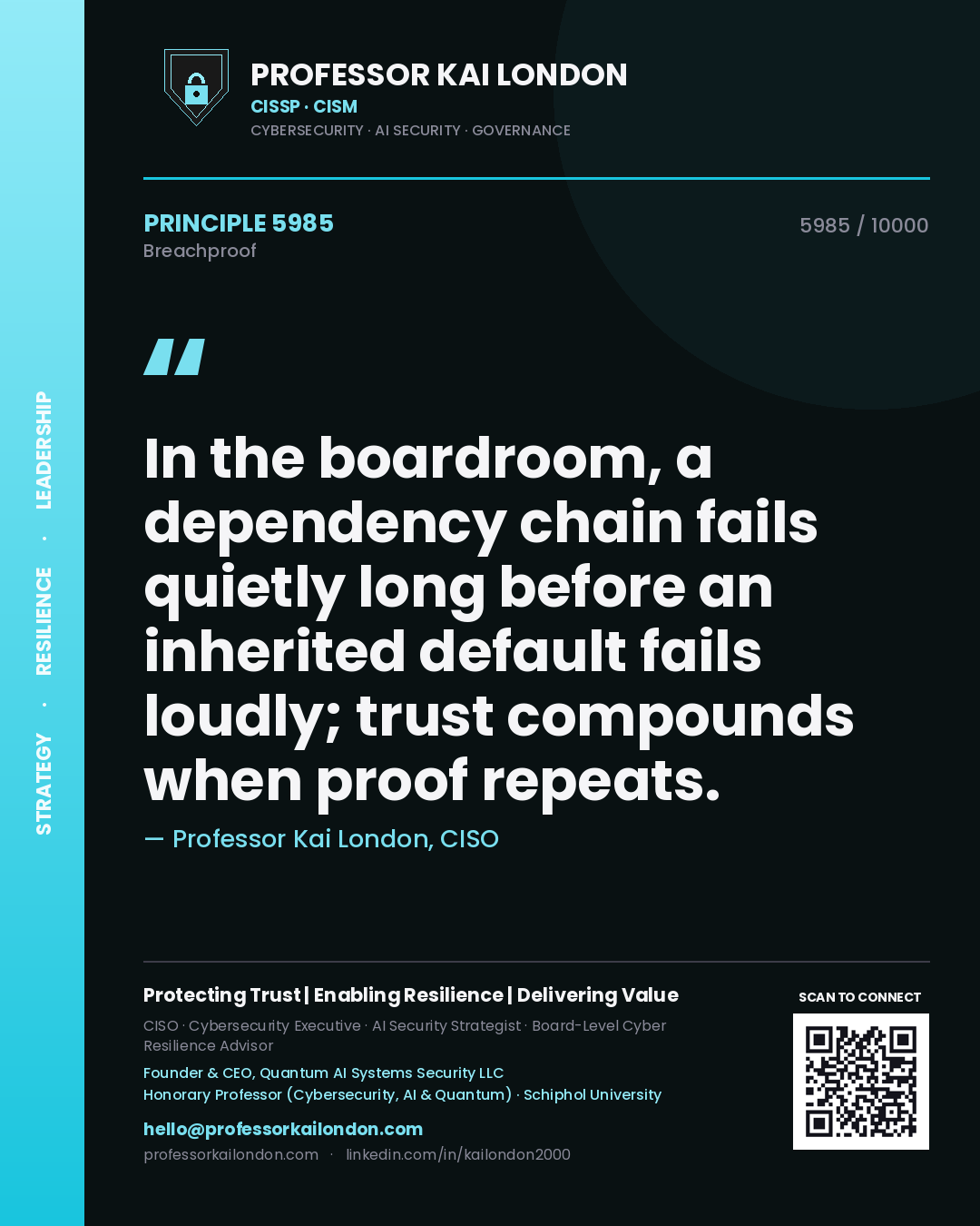 Professor Kai London principle 5985: In the boardroom, a dependency chain fails quietly long before an inherited default fails loudly; trust compounds when proof repeats.