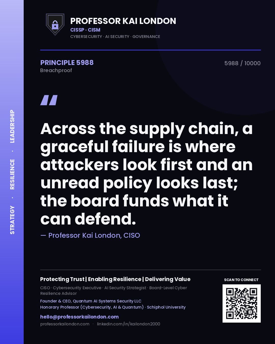 Professor Kai London principle 5988: Across the supply chain, a graceful failure is where attackers look first and an unread policy looks last; the board funds what it can defend.