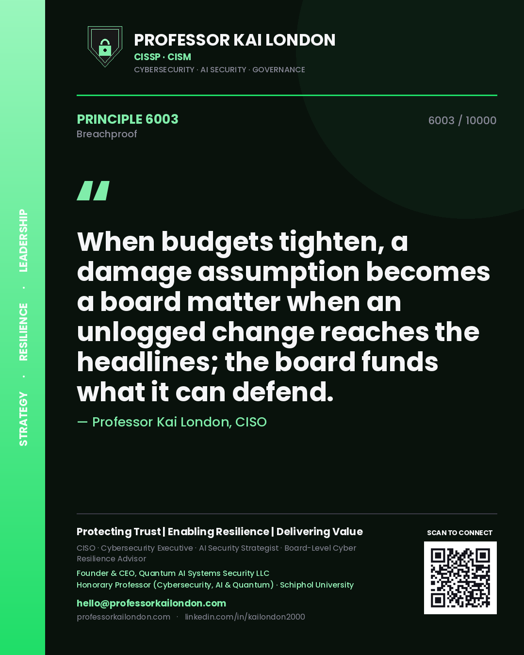 Quote card by Professor Kai London reading 'When budgets tighten, a damage assumption becomes a board matter when an unlogged change reaches the headlines; the board funds what it can defend.'. From the book Breachproof.