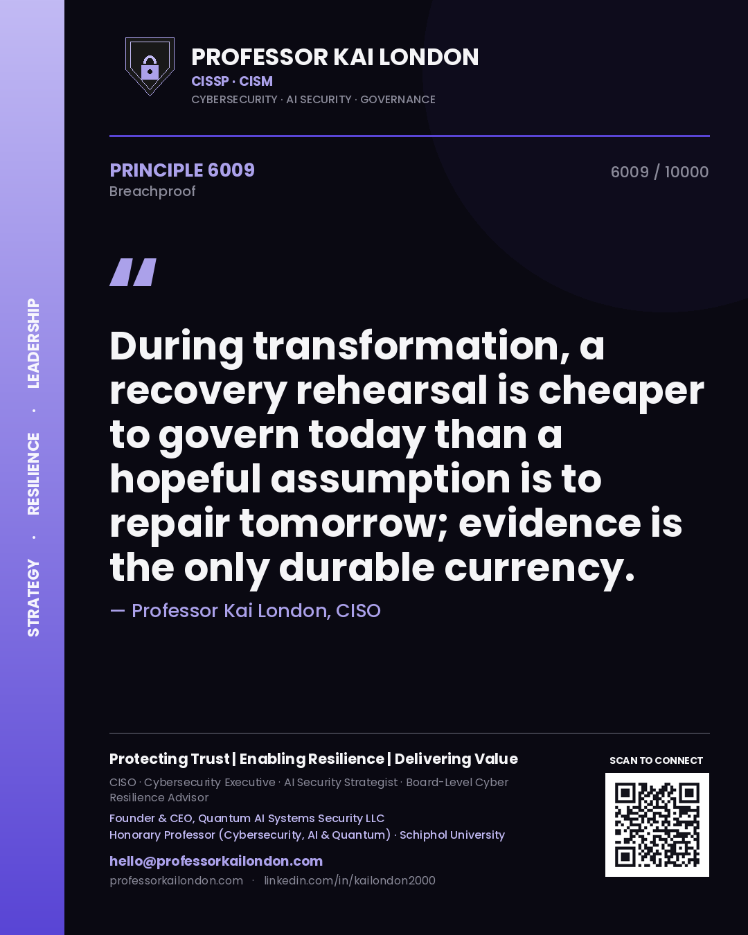 Quote card by Professor Kai London reading 'During transformation, a recovery rehearsal is cheaper to govern today than a hopeful assumption is to repair tomorrow; evidence is the only durable currency.'. From the book Breachproof.