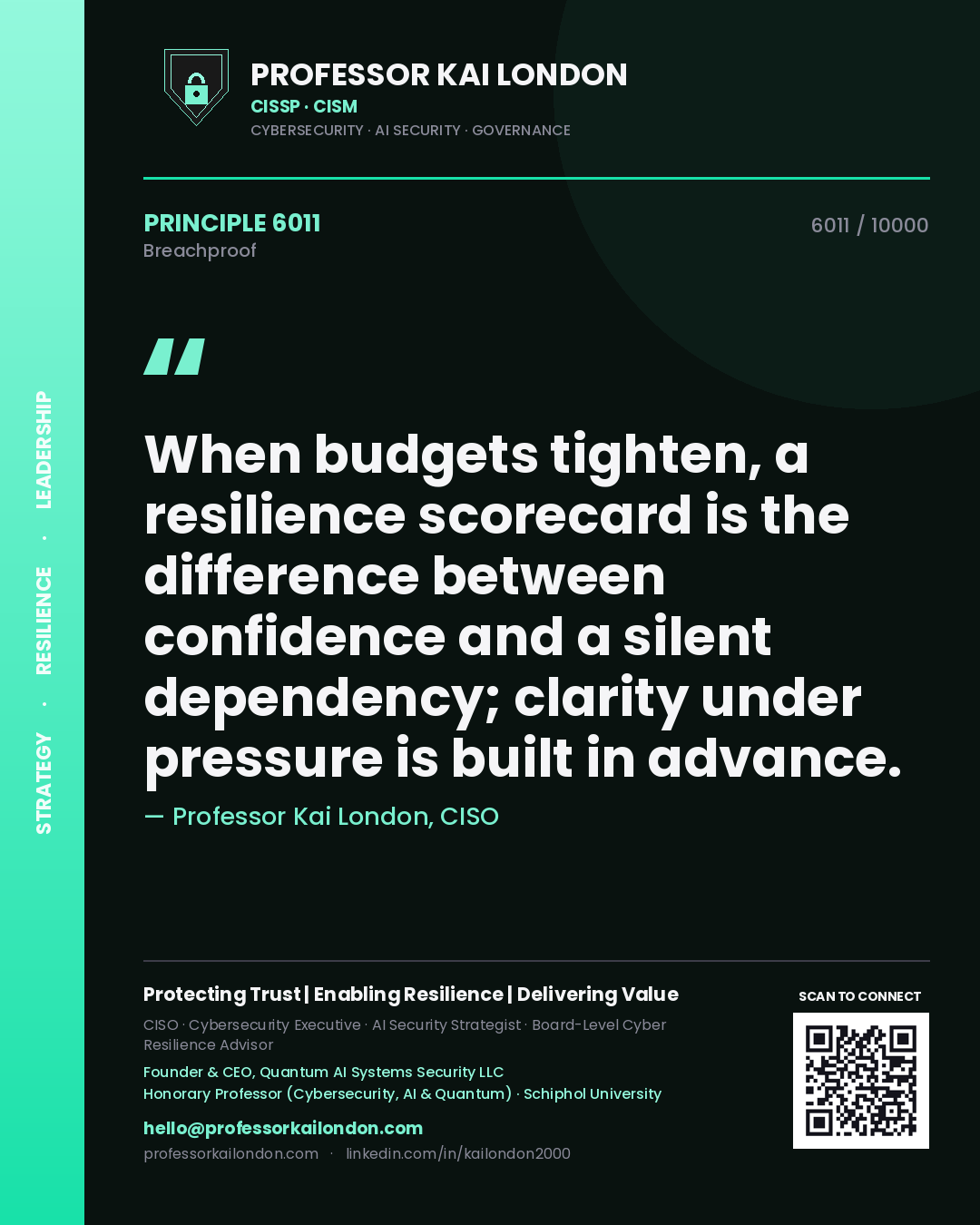 Quote card by Professor Kai London reading 'When budgets tighten, a resilience scorecard is the difference between confidence and a silent dependency; clarity under pressure is built in advance.'. From the book Breachproof.