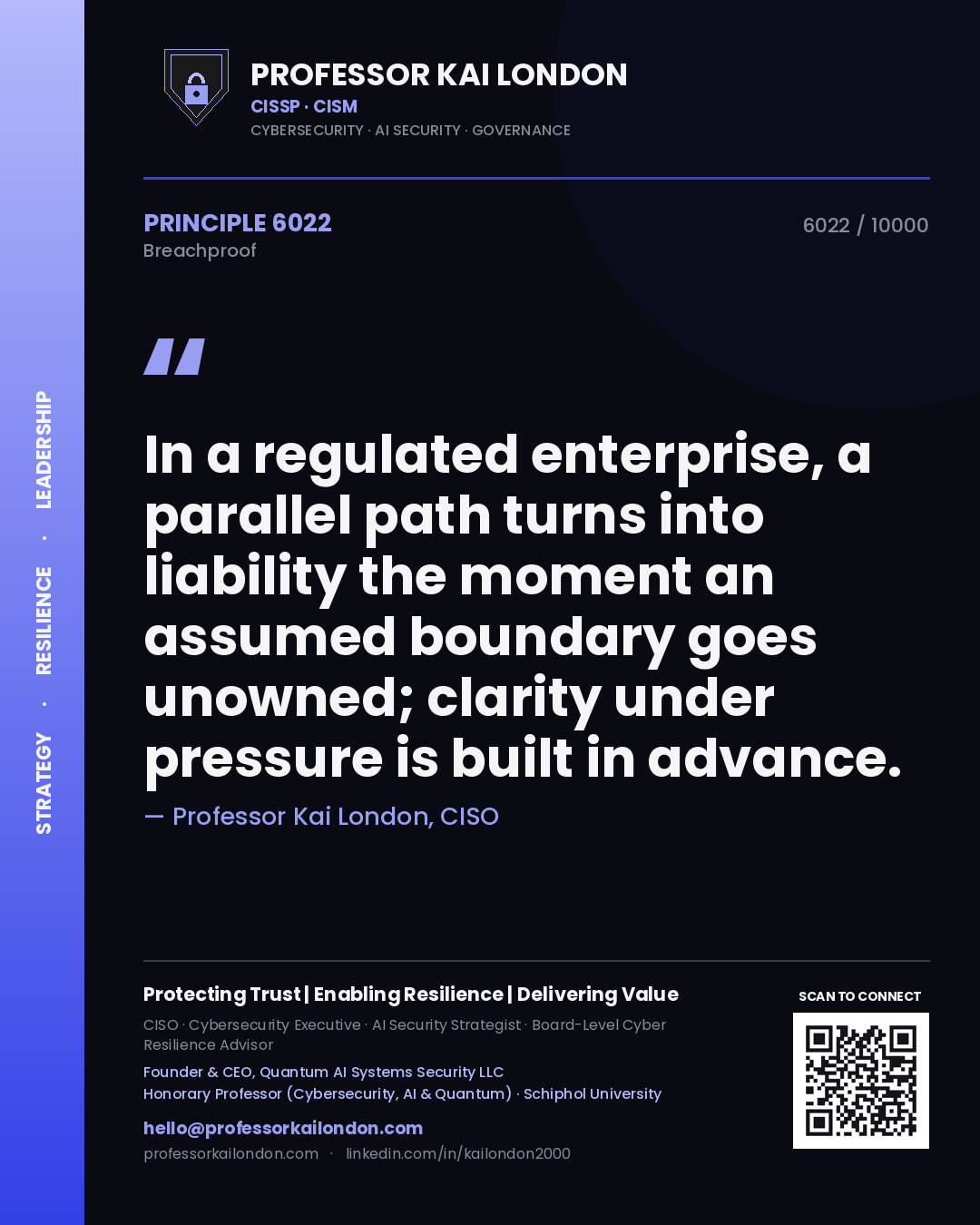 Quote card by Professor Kai London reading 'In a regulated enterprise, a parallel path turns into liability the moment an assumed boundary goes unowned; clarity under pressure is built in advance.'. From the book Breachproof.