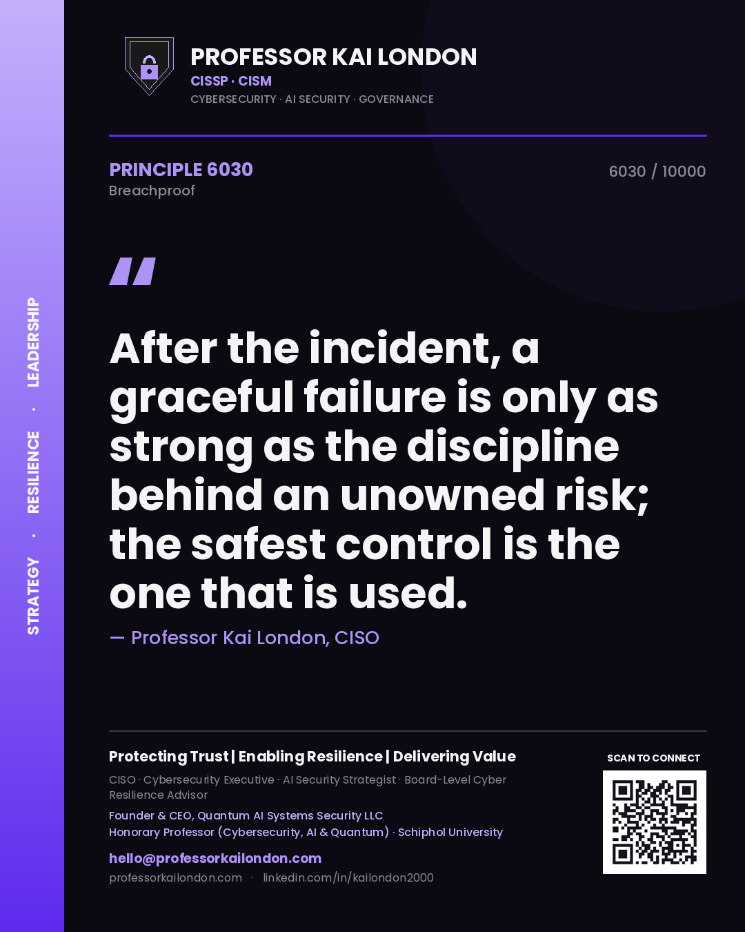 Quote card by Professor Kai London reading 'After the incident, a graceful failure is only as strong as the discipline behind an unowned risk; the safest control is the one that is used.'. From the book Breachproof.