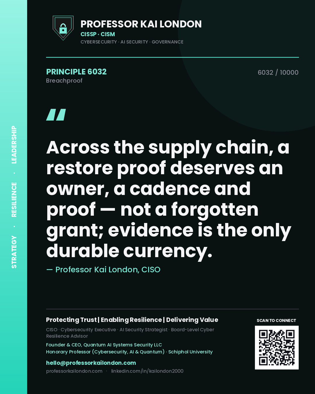 Quote card by Professor Kai London reading 'Across the supply chain, a restore proof deserves an owner, a cadence and proof — not a forgotten grant; evidence is the only durable currency.'. From the book Breachproof.