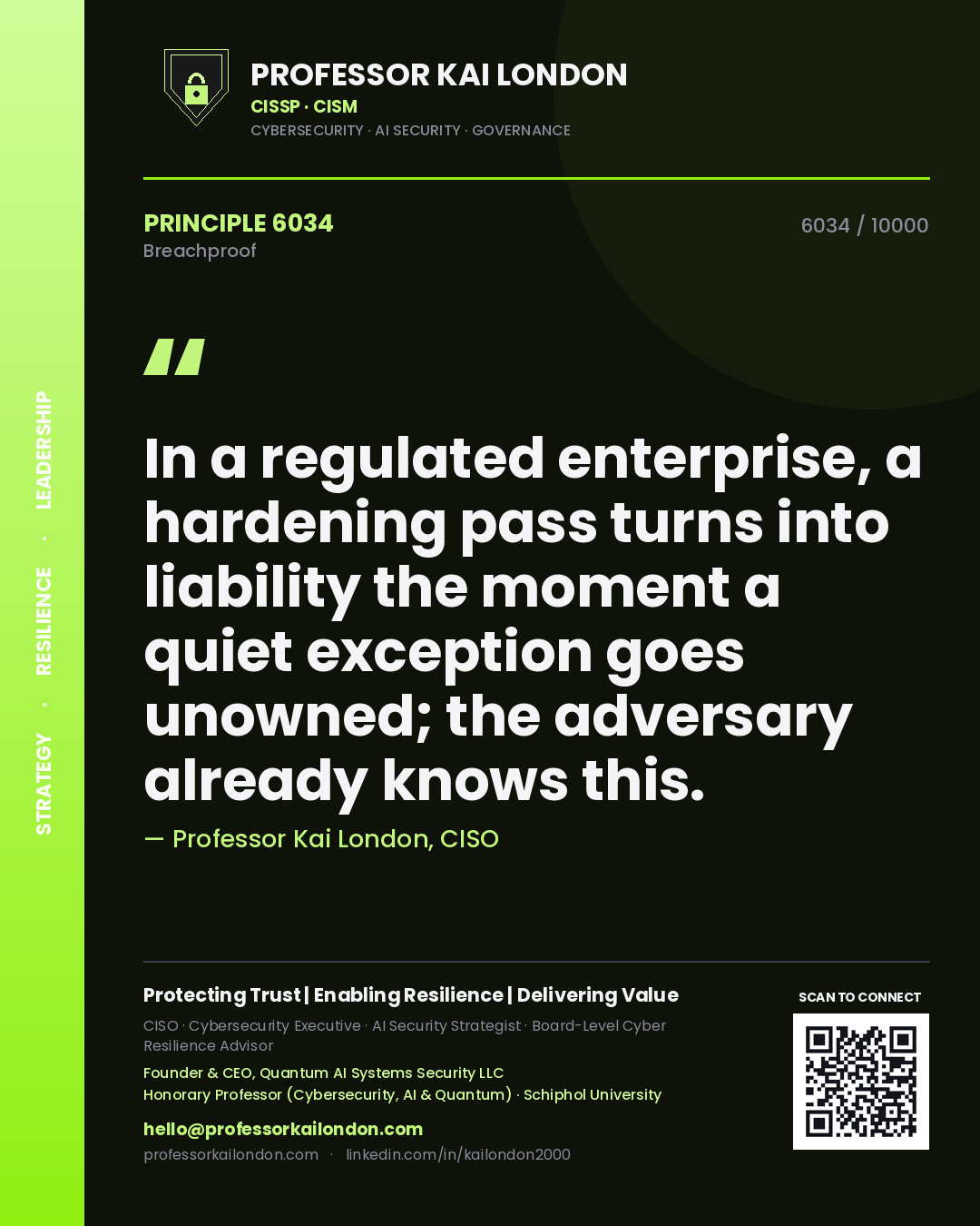 Quote card by Professor Kai London reading 'In a regulated enterprise, a hardening pass turns into liability the moment a quiet exception goes unowned; the adversary already knows this.'. From the book Breachproof.