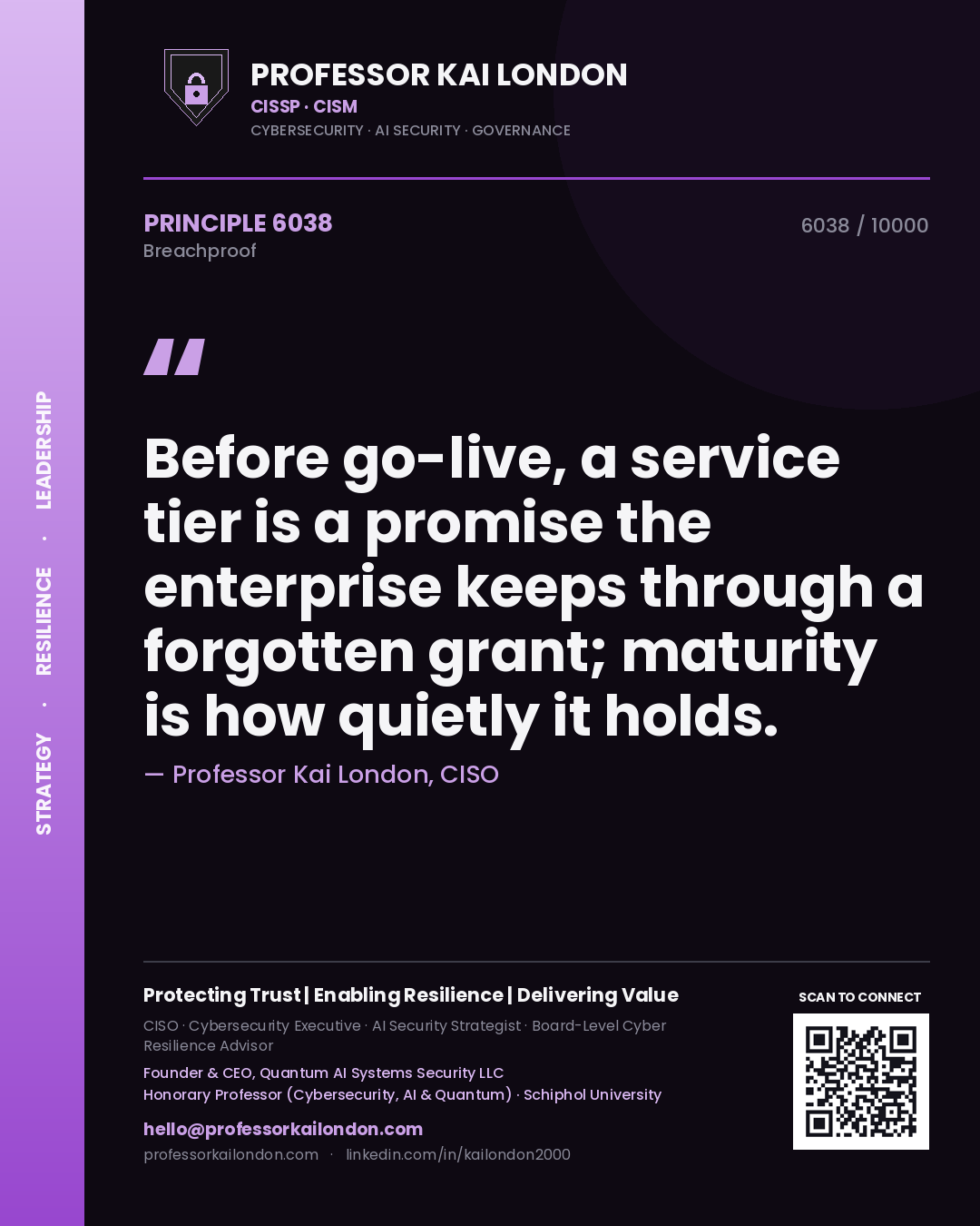 Quote card by Professor Kai London reading 'Before go-live, a service tier is a promise the enterprise keeps through a forgotten grant; maturity is how quietly it holds.'. From the book Breachproof.