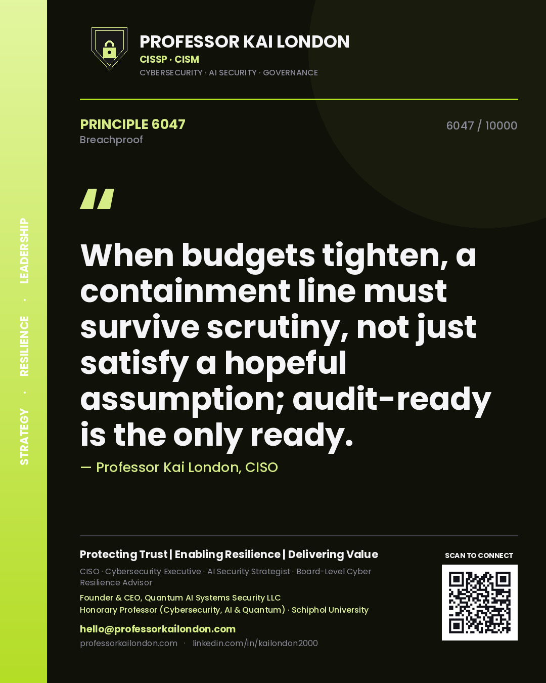 Quote card by Professor Kai London reading 'When budgets tighten, a containment line must survive scrutiny, not just satisfy a hopeful assumption; audit-ready is the only ready.'. From the book Breachproof.