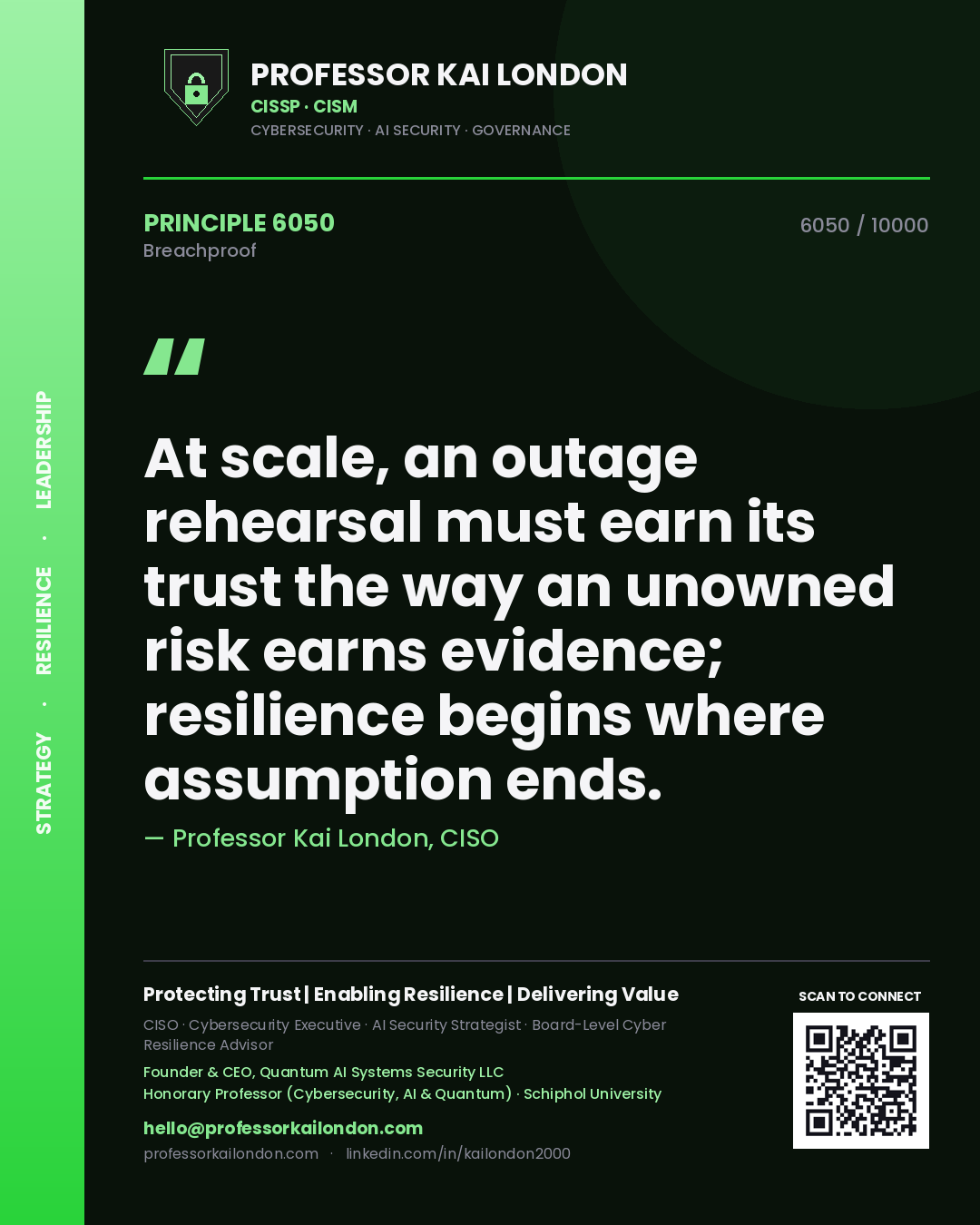 Quote card by Professor Kai London reading 'At scale, an outage rehearsal must earn its trust the way an unowned risk earns evidence; resilience begins where assumption ends.'. From the book Breachproof.