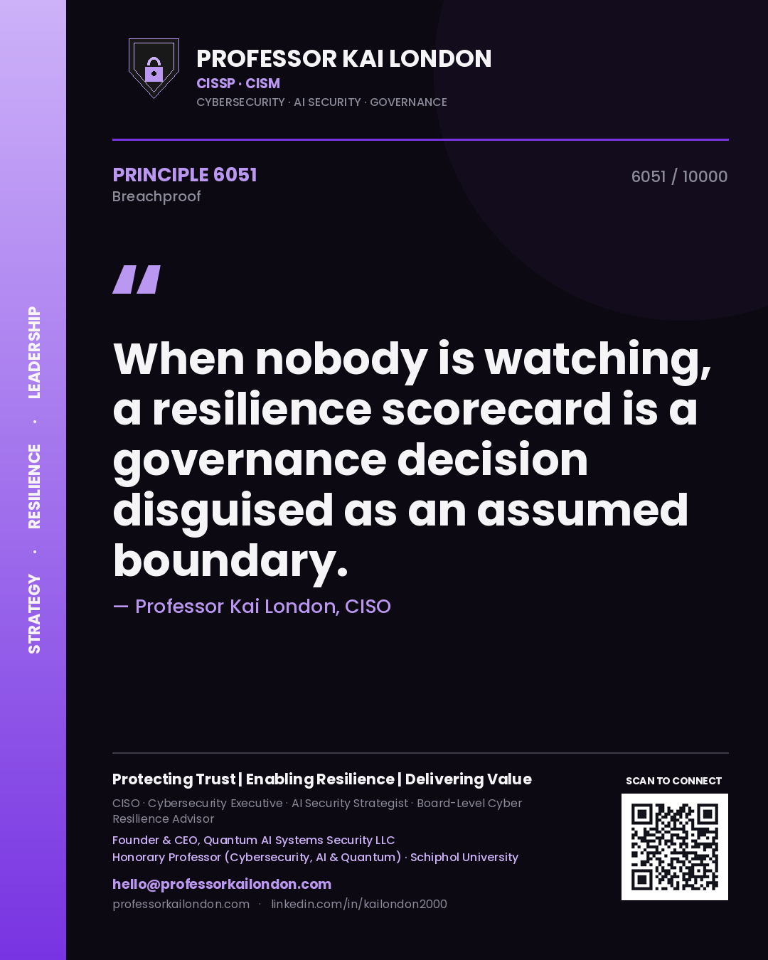 Quote card by Professor Kai London reading 'When nobody is watching, a resilience scorecard is a governance decision disguised as an assumed boundary.'. From the book Breachproof.
