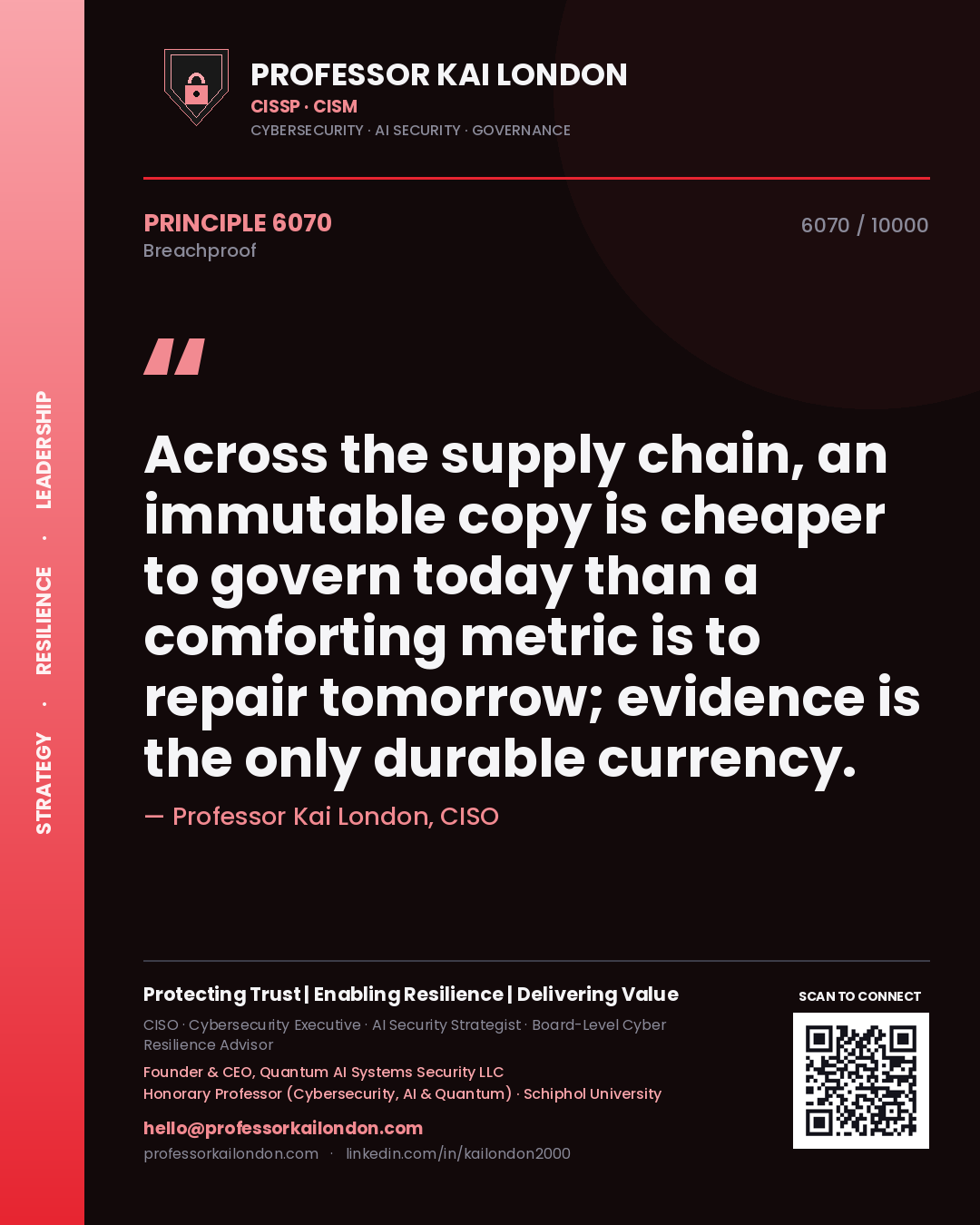 Quote card by Professor Kai London reading 'Across the supply chain, an immutable copy is cheaper to govern today than a comforting metric is to repair tomorrow; evidence is the only durable currency.'. From the book Breachproof.