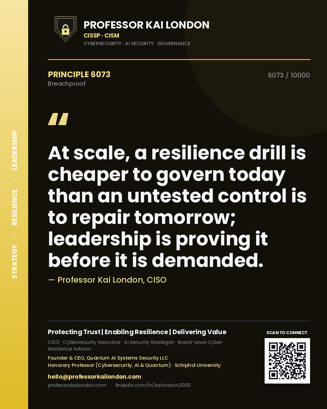 Quote card by Professor Kai London reading 'At scale, a resilience drill is cheaper to govern today than an untested control is to repair tomorrow; leadership is proving it before it is demanded.'. From the book Breachproof.