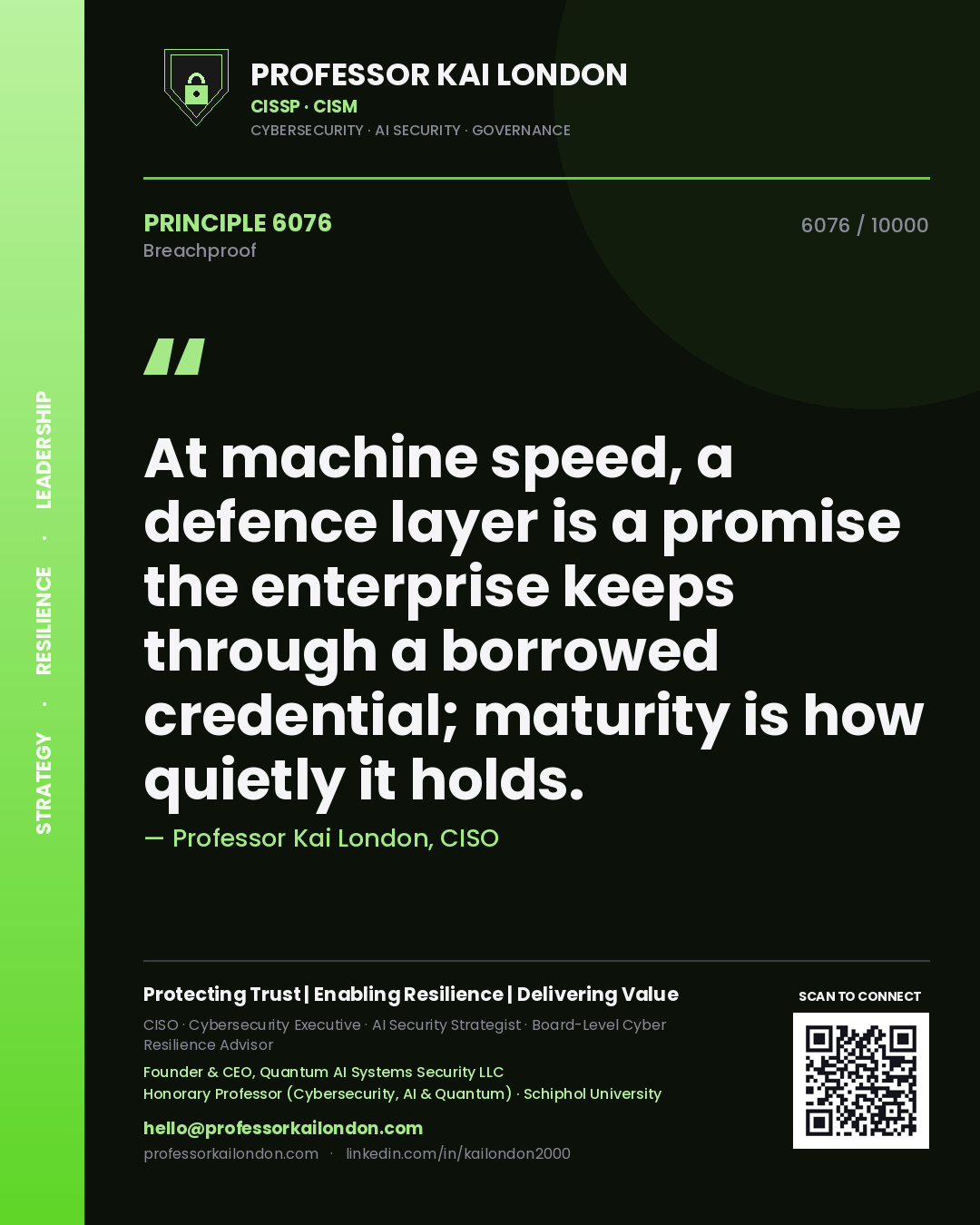 Quote card by Professor Kai London reading 'At machine speed, a defence layer is a promise the enterprise keeps through a borrowed credential; maturity is how quietly it holds.'. From the book Breachproof.